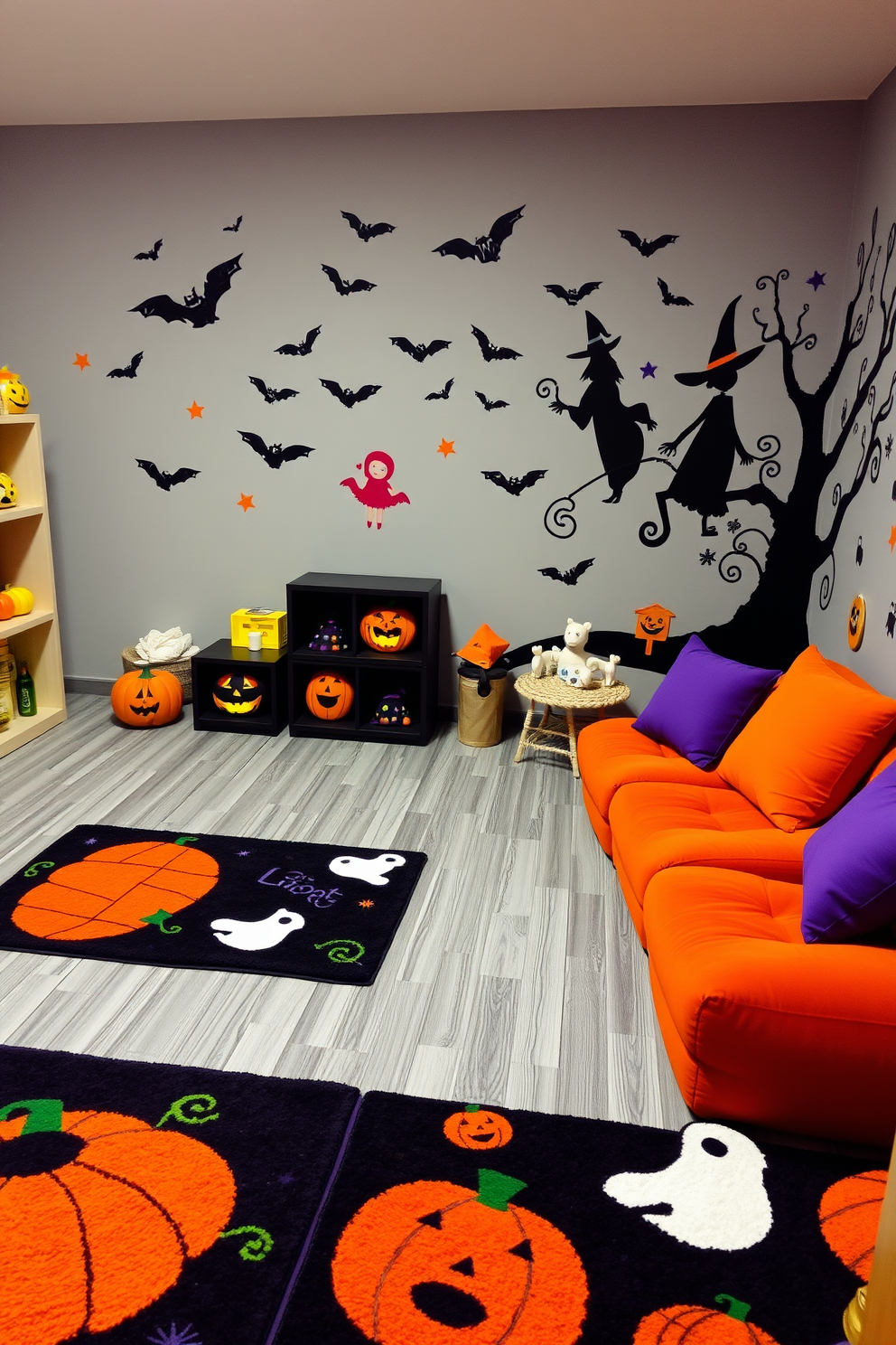 A cozy playroom filled with festive Halloween spirit. The floor is adorned with decorative rugs featuring playful patterns of pumpkins and ghosts, adding warmth and charm to the space. Brightly colored wall decals of bats and witches create an inviting atmosphere. Plush seating in orange and purple hues complements the Halloween theme, making it a perfect spot for kids to enjoy their spooky activities.