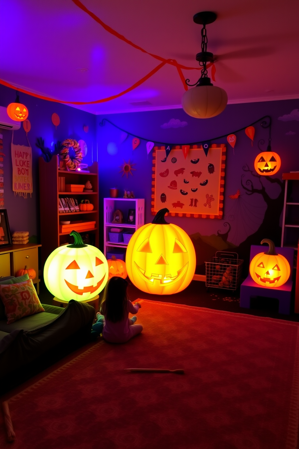 Light-up pumpkins create an enchanting glow in a whimsical Halloween playroom. The space features colorful decorations, playful wall art, and cozy seating areas for children to enjoy festive activities.