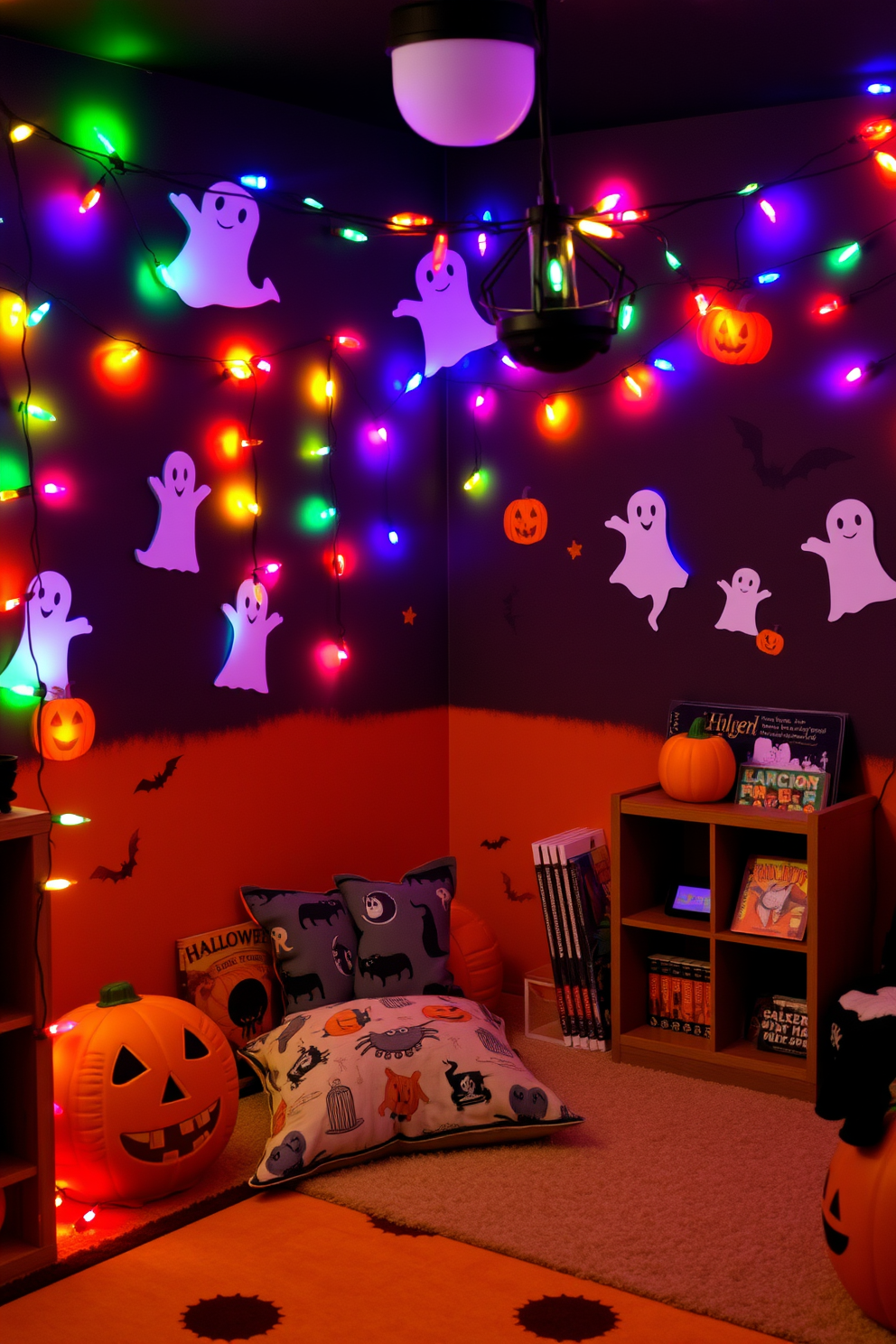 A playful Halloween-themed playroom filled with vibrant decorations. Colorful Halloween lights are strung around the room, casting a warm glow on the festive decor. The walls are adorned with playful ghost and pumpkin cutouts, creating a fun atmosphere for children. A cozy reading nook features Halloween-themed cushions and a small bookshelf filled with spooky stories.