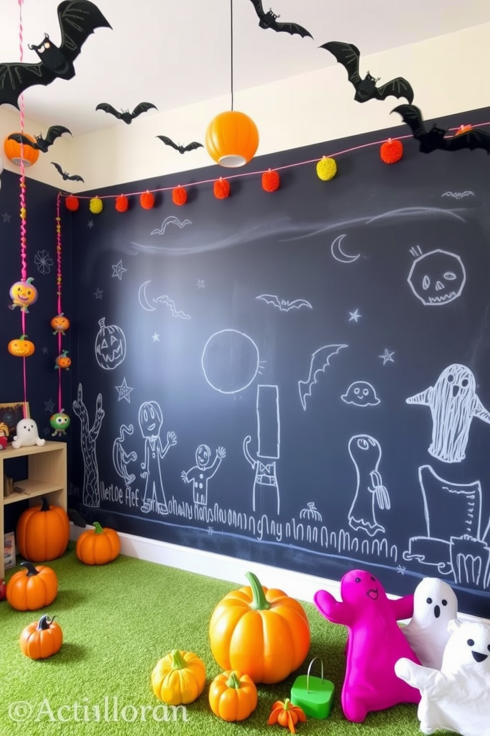 A playful Halloween playroom features a large chalkboard wall where children can draw spooky scenes and characters. The room is filled with vibrant decorations like hanging bats, colorful pumpkins, and soft plush ghosts to create an inviting atmosphere.