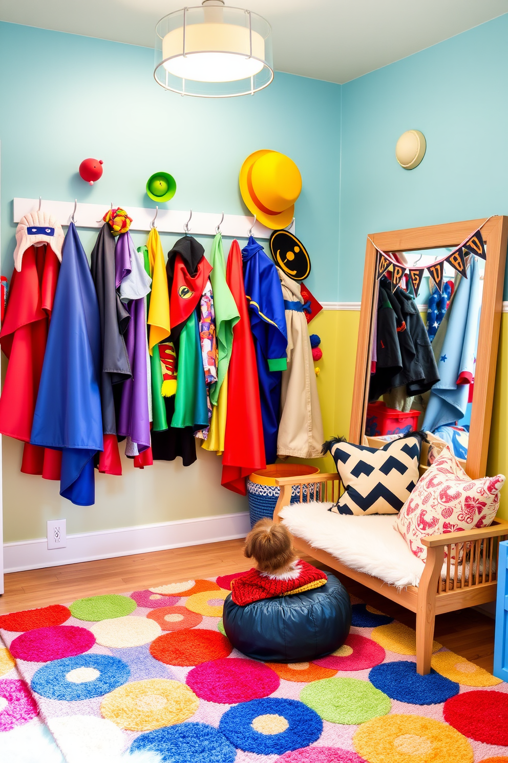 A whimsical playroom costume corner filled with vibrant colors and playful decor. A variety of costumes hang from wall-mounted hooks, showcasing capes, hats, and accessories for imaginative dress-up adventures. The floor is covered with a soft, multicolored rug that invites children to sit and play. A large mirror is placed nearby, allowing kids to admire their costumes while a cozy reading nook with plush cushions adds to the inviting atmosphere.