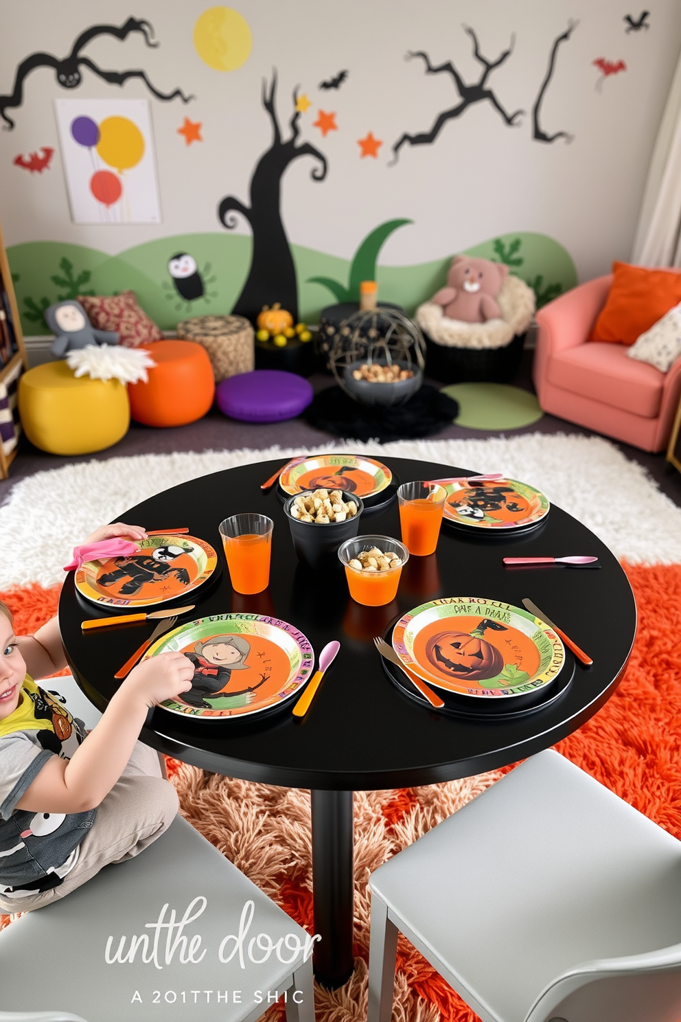 A festive tableware setting for snack time treats. The table is adorned with colorful plates featuring Halloween-themed designs, surrounded by vibrant napkins and playful cutlery. The playroom is decorated with whimsical wall art and plush seating. A large, soft rug in bright colors creates a cozy area for children to enjoy their snacks and games.