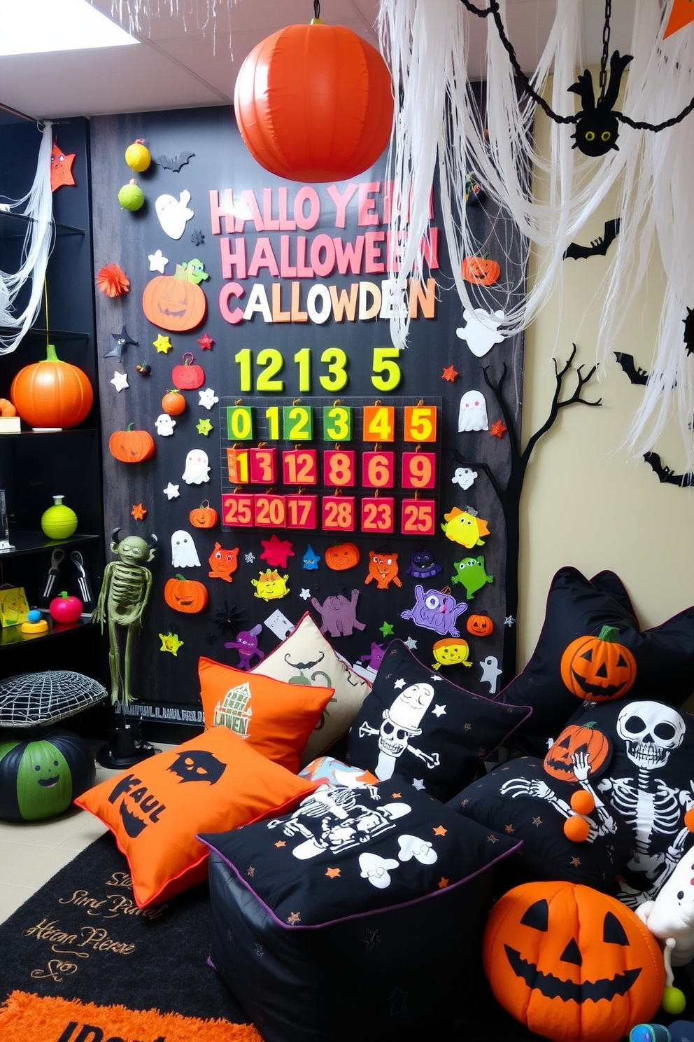 A vibrant Halloween countdown calendar display filled with colorful decorations and spooky motifs. The calendar features playful elements like pumpkins, ghosts, and bats, creating an engaging atmosphere for children. A whimsical Halloween playroom decorated with hanging cobwebs, friendly skeletons, and playful monsters. The space includes cozy seating areas with themed cushions and a variety of fun activities to keep kids entertained.