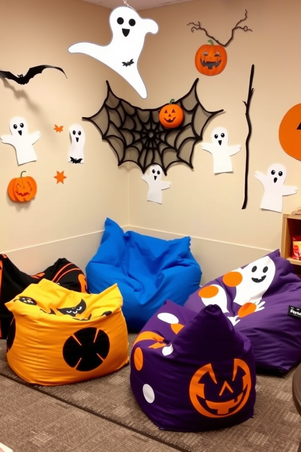 Themed bean bags in vibrant colors and fun patterns create a cozy seating area for children. The playroom is adorned with Halloween decorations, featuring playful ghosts and pumpkins to enhance the festive atmosphere.