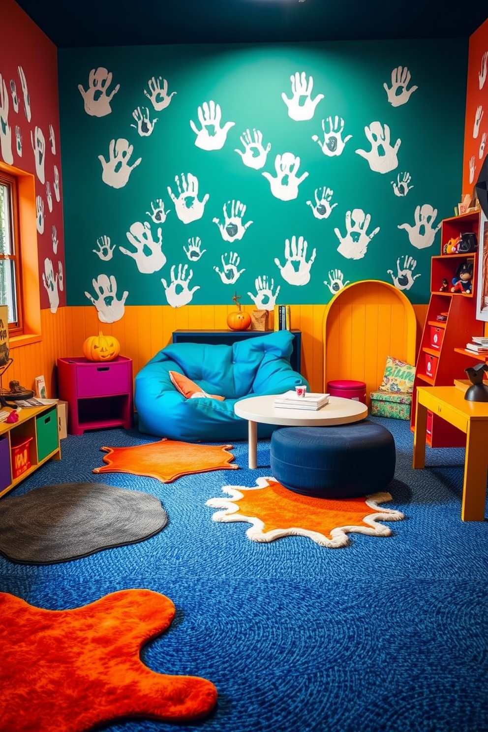 A whimsical playroom filled with vibrant colors and playful elements. The walls are adorned with ghostly handprint art, creating a fun and spooky atmosphere for Halloween. Brightly colored furniture pieces, such as a large beanbag chair and a low table, invite children to play and explore. Soft rugs in various shapes add comfort and warmth to the space, making it a perfect spot for imaginative play.