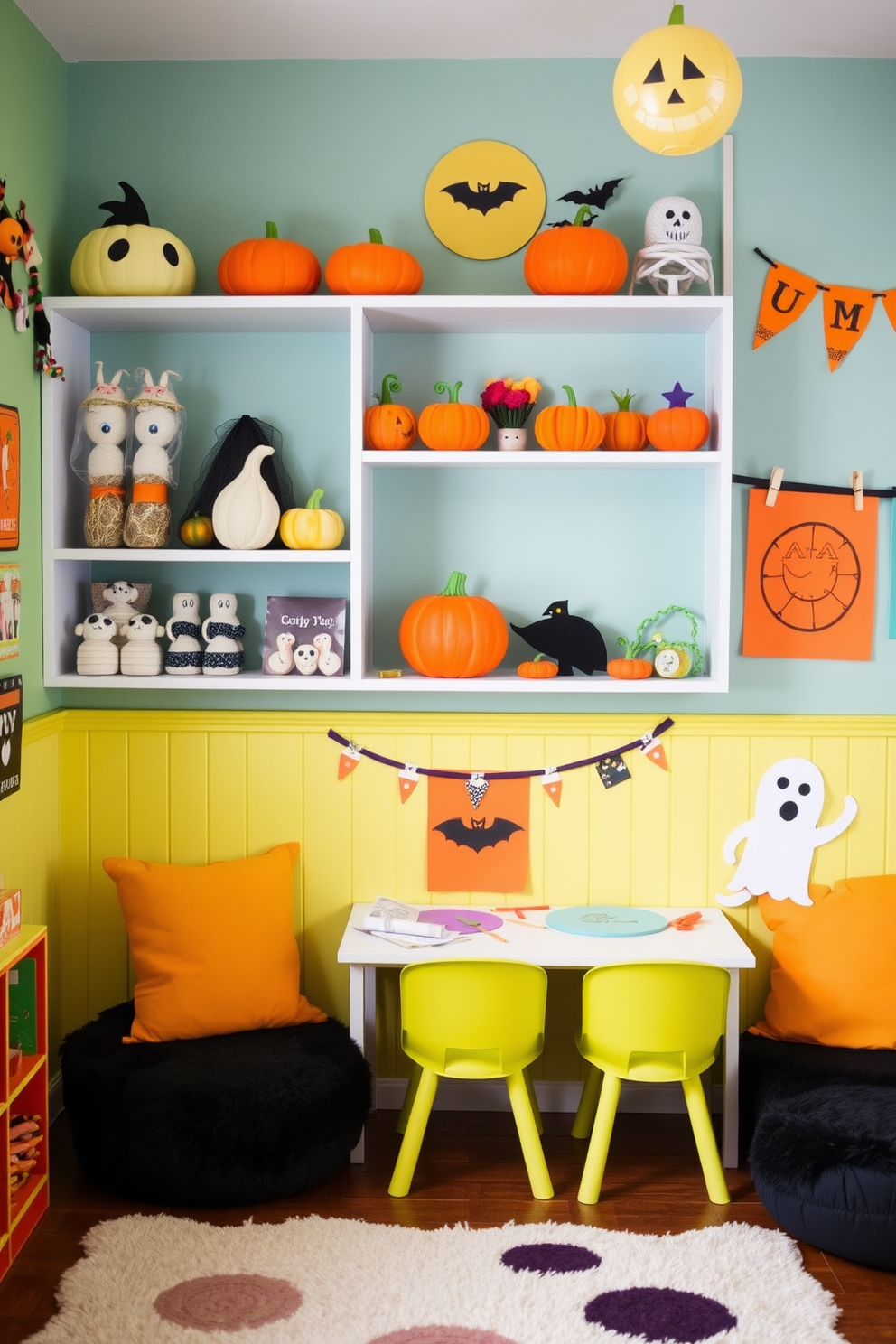 A vibrant playroom filled with creative DIY Halloween crafts. Colorful shelves showcase an array of handmade decorations like painted pumpkins, spooky garlands, and fun ghost figures. The walls are adorned with playful Halloween-themed artwork and playful banners. Soft, cozy seating invites children to enjoy crafting activities in this festive space.