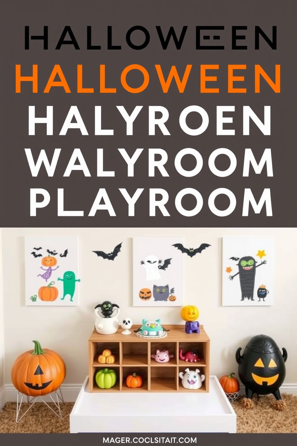 Create a whimsical Halloween-themed playroom featuring colorful wall art prints that capture the spirit of the holiday. The walls are adorned with playful illustrations of pumpkins, ghosts, and friendly monsters, creating a fun and inviting atmosphere for children.