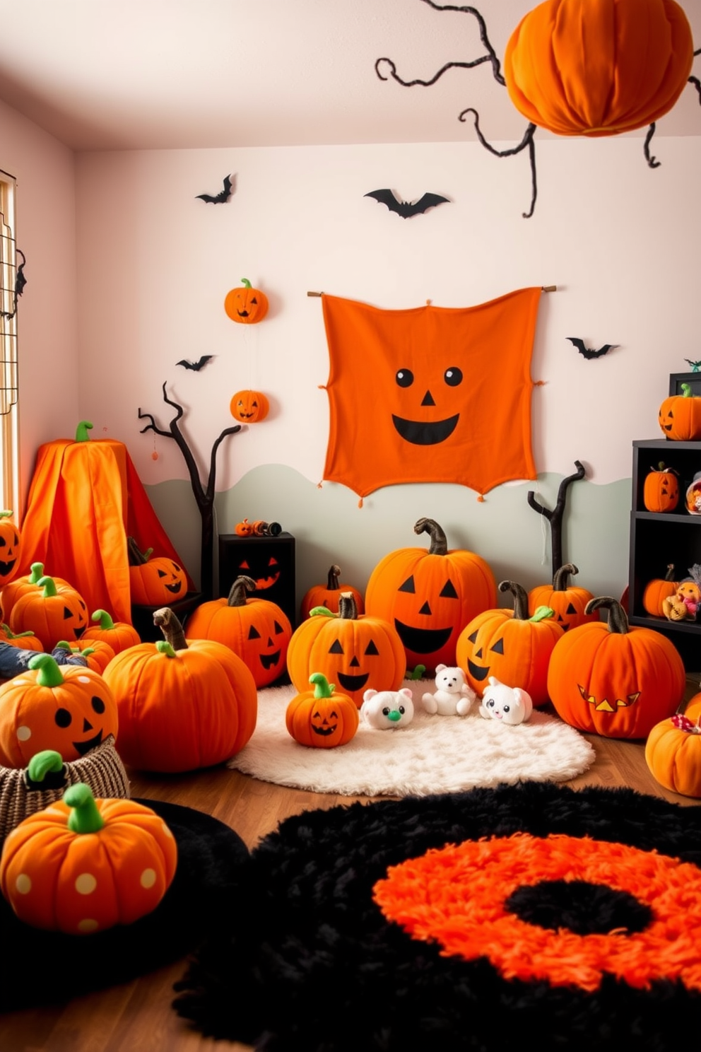 Create a whimsical Halloween playroom filled with pumpkin-themed plush toys that invite cuddly fun. The room features vibrant orange and black accents, with soft rugs and cozy seating areas for children to enjoy their festive decor.