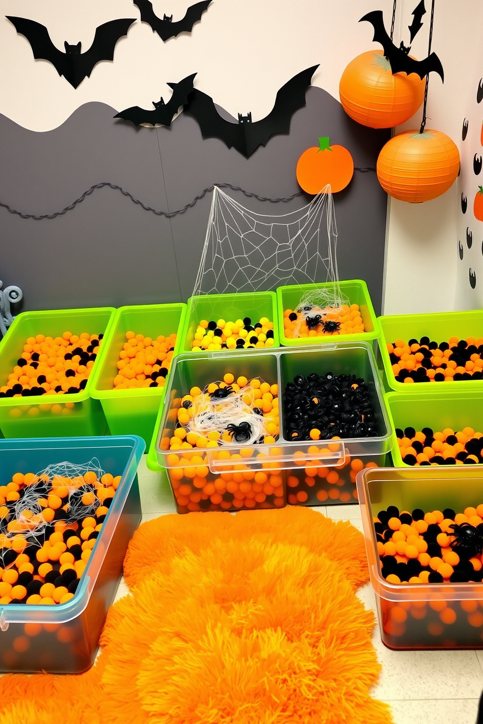 A playful Halloween-themed playroom filled with vibrant sensory bins. Each bin is filled with various textures and colors, featuring items like orange and black pom poms, spider rings, and fake cobwebs for tactile exploration. The walls are adorned with festive decorations such as paper bats and pumpkins. Soft, plush rugs in autumn colors create a cozy space for children to engage in sensory play and creativity.