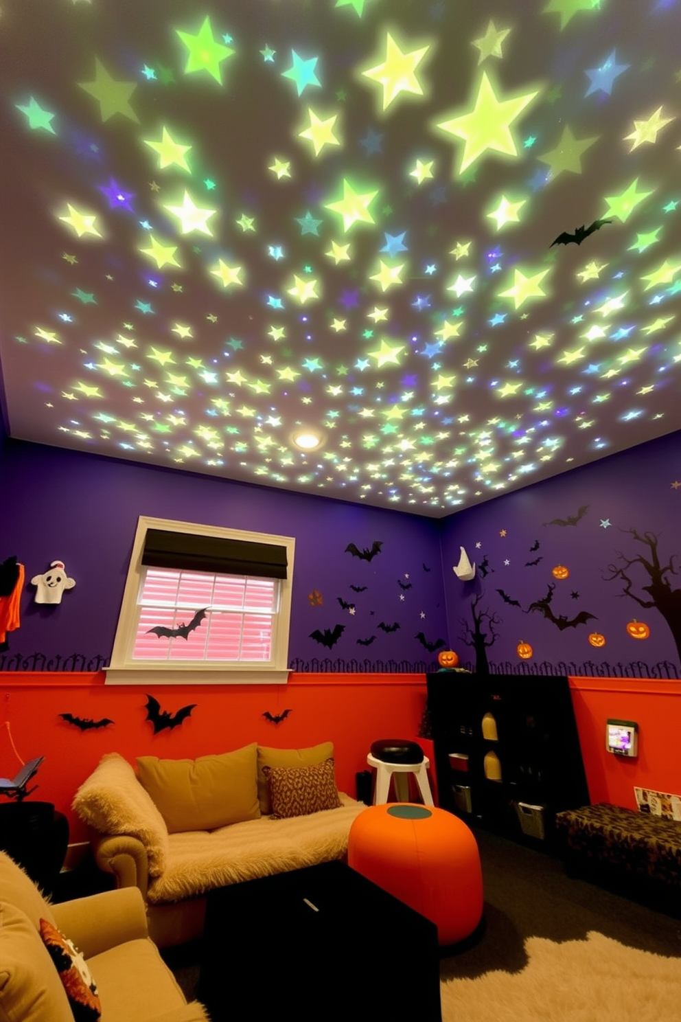 A whimsical playroom decorated for Halloween features a ceiling adorned with glow in the dark stars that create a magical night sky effect. The walls are painted in vibrant colors with playful Halloween-themed decals, and soft, plush seating is arranged for comfort and fun.