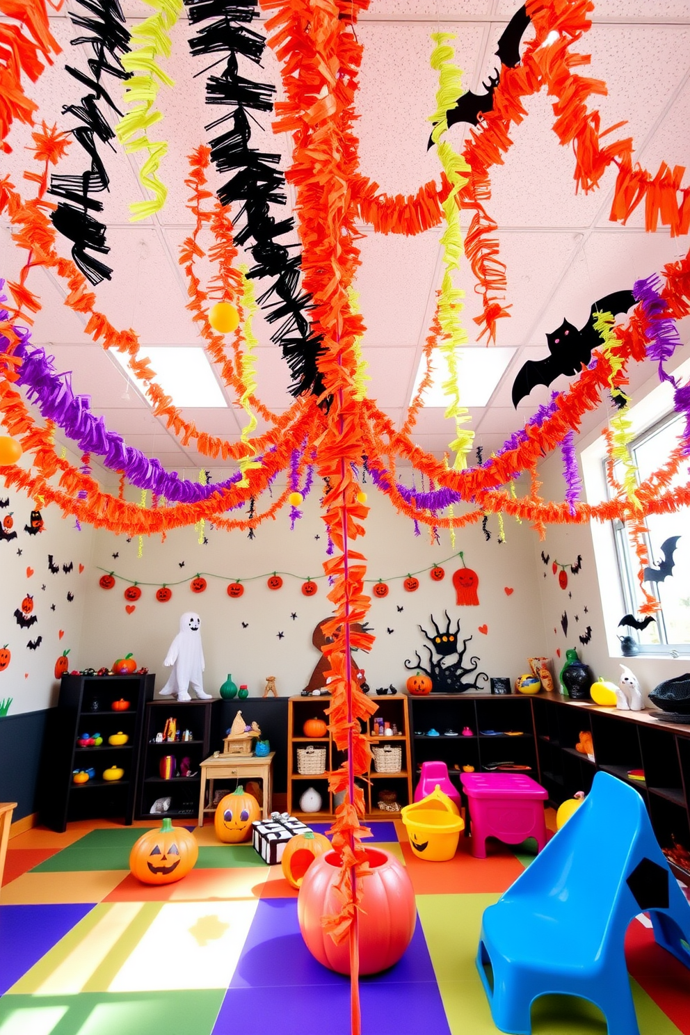 A vibrant playroom filled with colorful Halloween garlands draped across the ceiling and walls. The space features playful decorations like pumpkins, ghosts, and bats, creating a festive atmosphere for children.