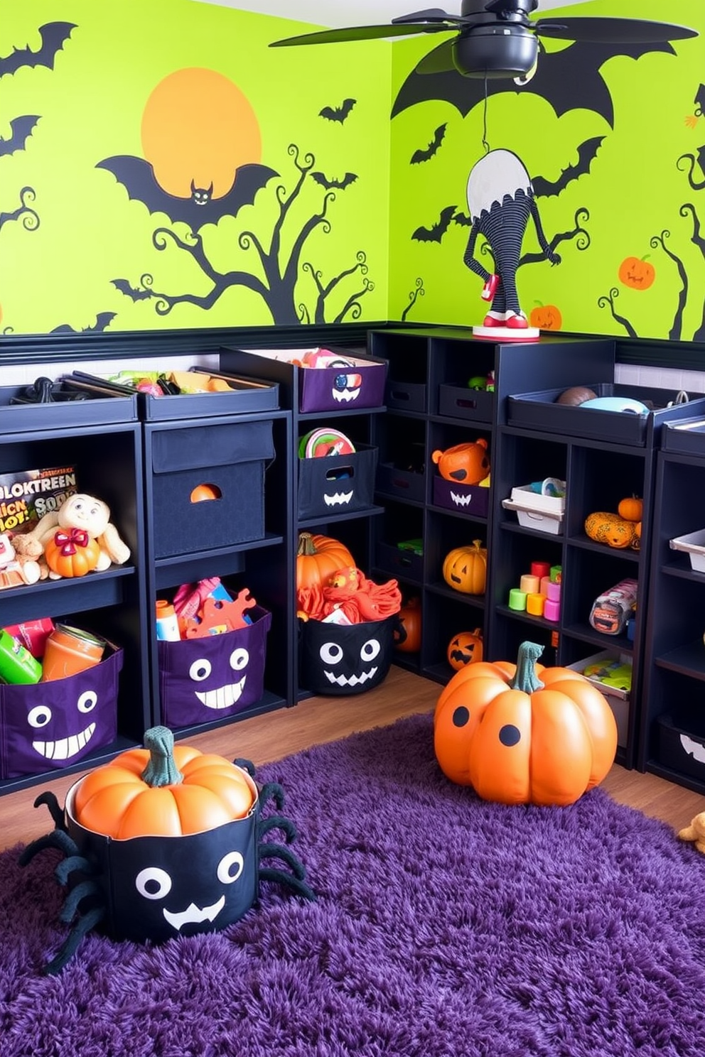 A whimsical Halloween playroom filled with creepy crawly toy storage bins. The bins are designed to resemble spiders and bats, adding a playful yet spooky touch to the decor. Brightly colored walls feature Halloween-themed murals, creating an immersive atmosphere. Soft, plush rugs in the shape of pumpkins provide a cozy play area for children.