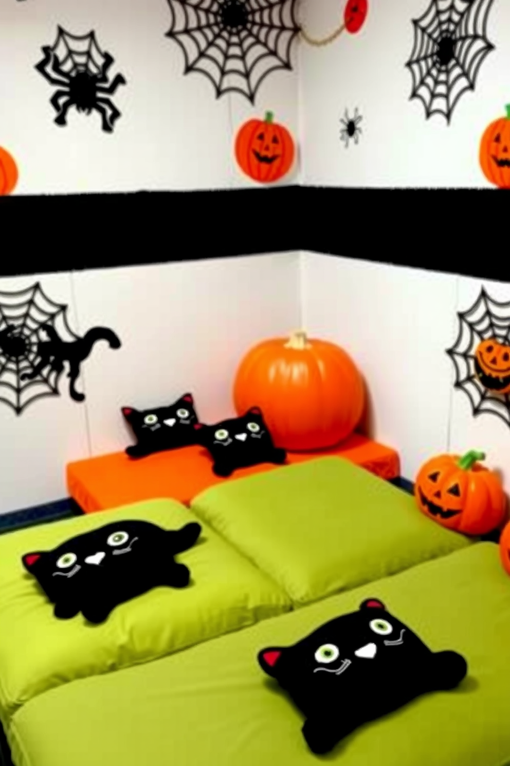 A whimsical Halloween playroom features cozy seating adorned with black cat pillows. The walls are decorated with playful spiderwebs and cheerful pumpkins, creating a festive atmosphere for children.