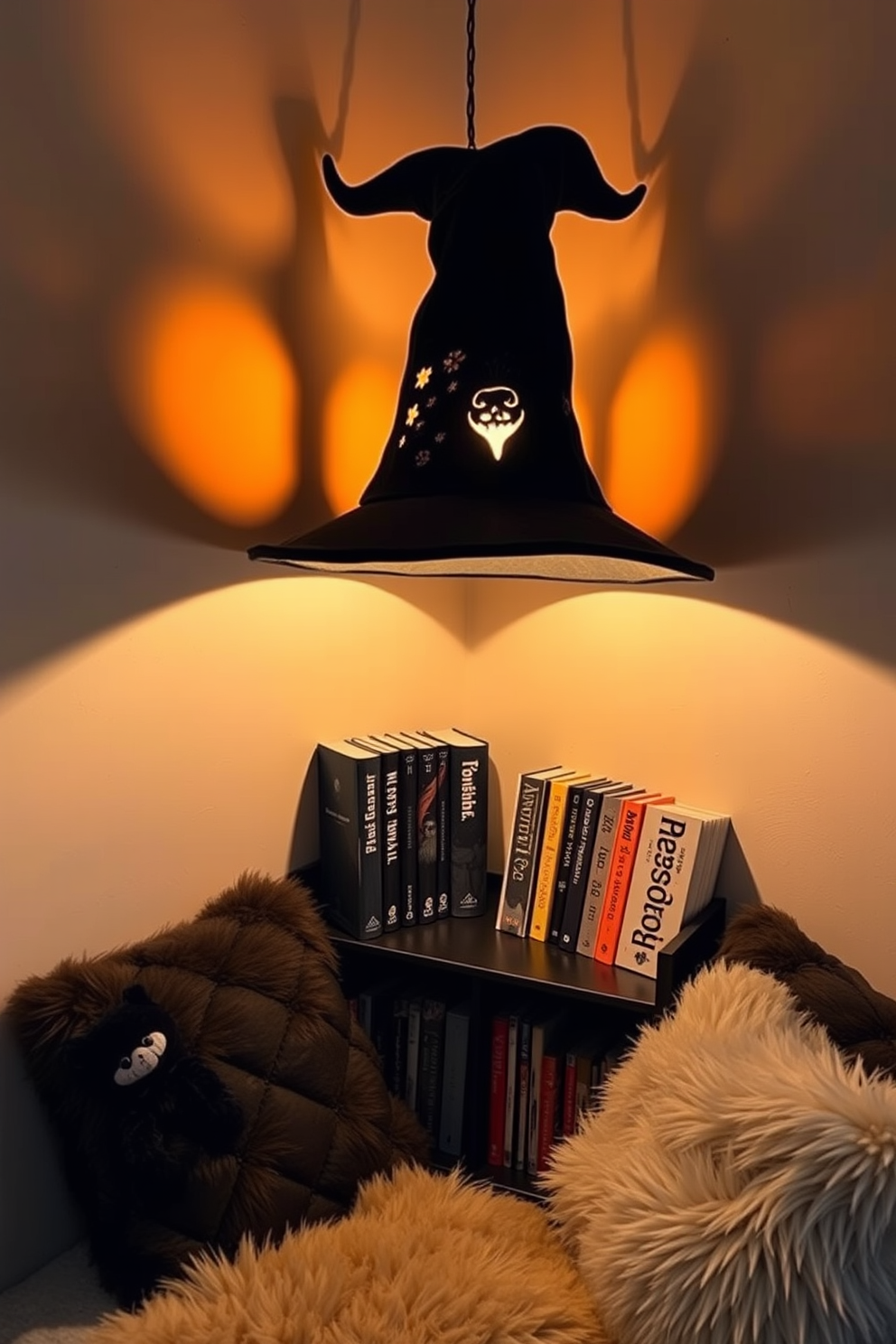 A cozy reading nook featuring a witch hat lamp that casts soft, warm light throughout the space. The nook is adorned with plush cushions and a small bookshelf filled with spooky-themed novels.