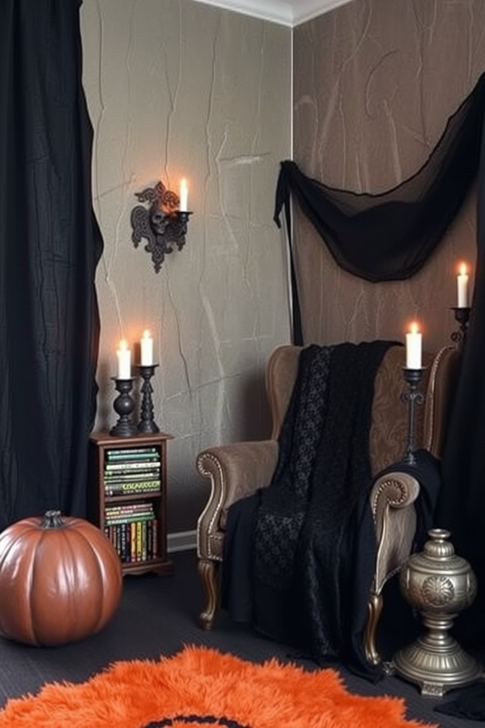 A spooky reading nook designed for Halloween. The walls are adorned with dark, tattered fabric, and a vintage armchair sits in the corner, draped with a black lace throw. A small wooden bookshelf filled with ghostly tales stands nearby. Flickering candles in ornate holders provide an eerie glow, while a plush, orange and black rug adds warmth to the space.