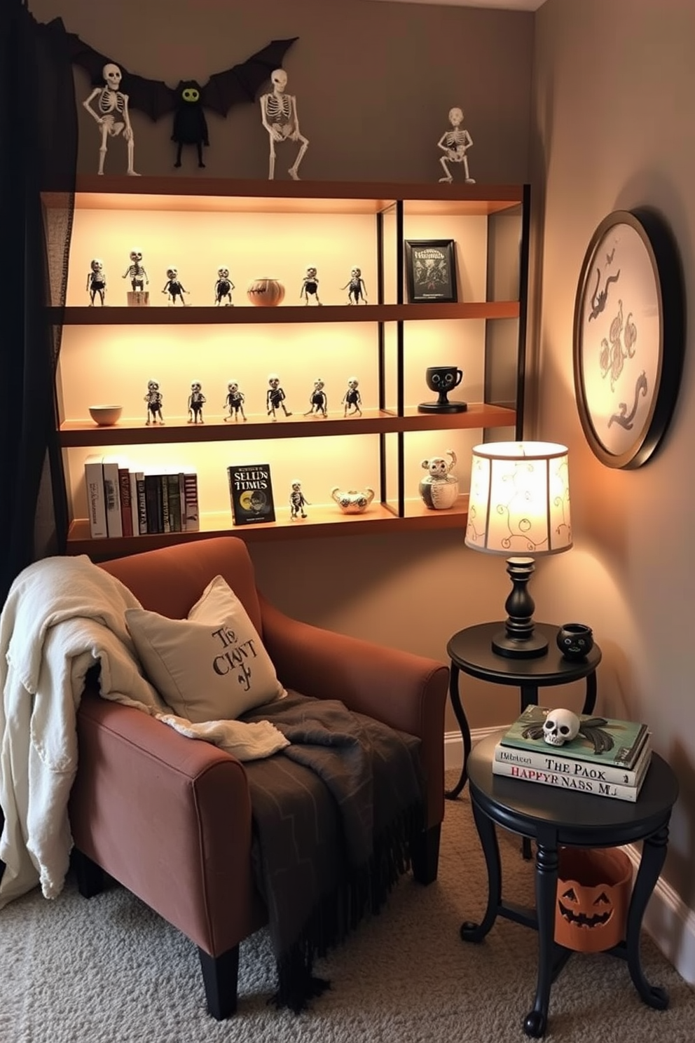 A cozy reading nook designed for Halloween featuring shelves adorned with skeleton figurines. The nook includes a plush armchair draped with a soft blanket and a small side table holding a spooky-themed lamp.