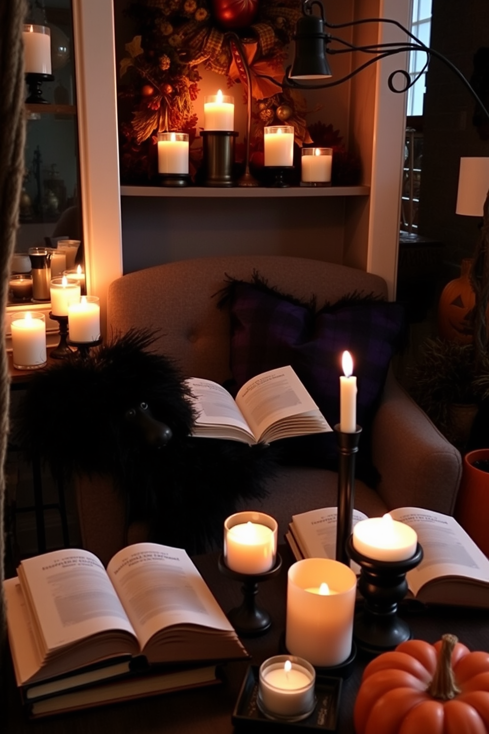 A cozy reading nook adorned with candles in decorative holders creates a warm ambiance. Plush cushions are scattered on a comfortable armchair, inviting you to settle in with a good book. The nook features a small side table where an assortment of candles in various heights and designs provide soft lighting. A backdrop of autumn-themed decor enhances the Halloween spirit, with subtle touches of seasonal colors and textures.