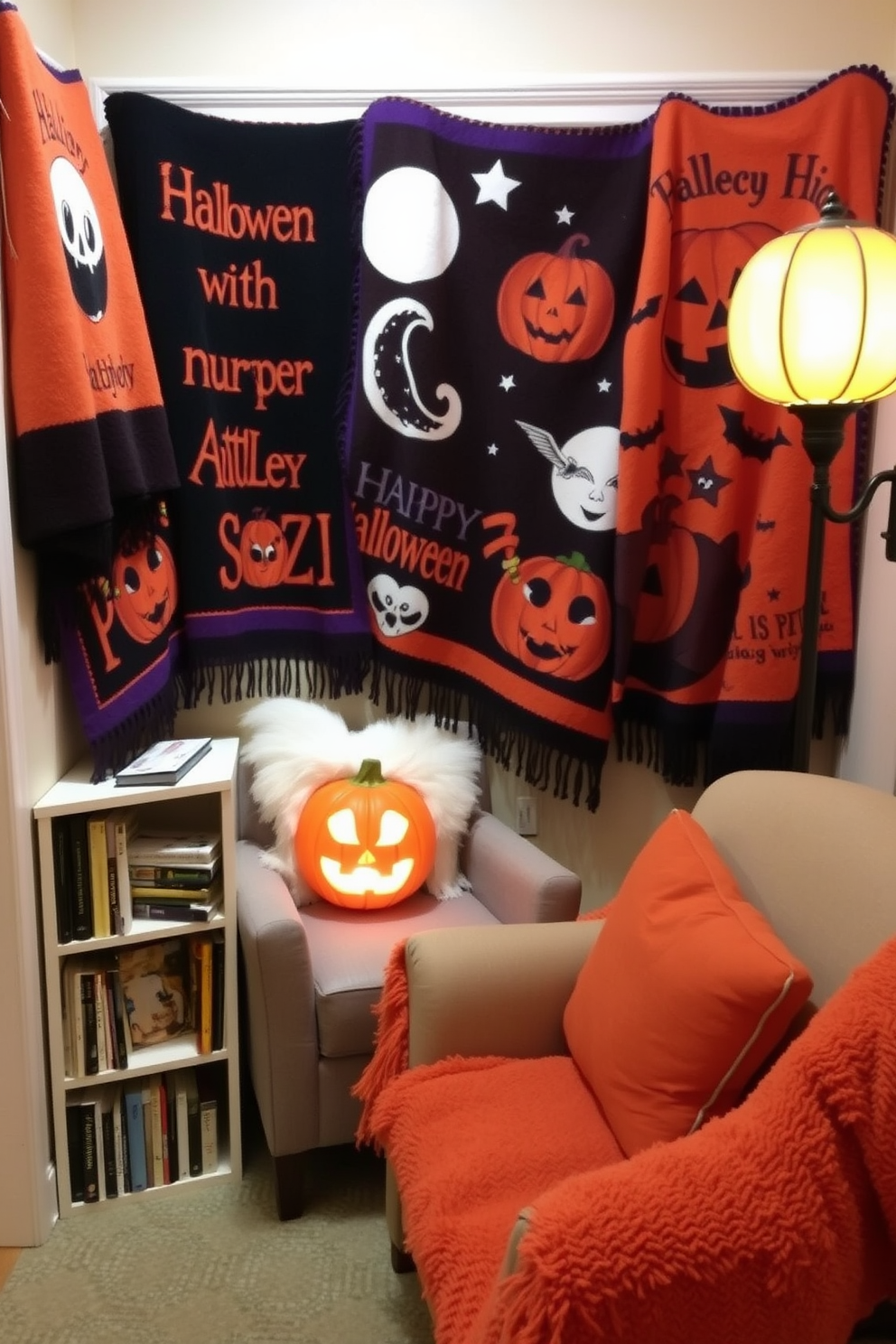 A cozy reading nook adorned with colorful Halloween-themed throw blankets creates a festive atmosphere. Soft, plush cushions in shades of orange and purple complement the blankets, inviting you to curl up with a good book. The nook features a comfortable armchair placed next to a small bookshelf filled with spooky stories. A pumpkin-shaped table lamp casts a warm glow, enhancing the Halloween spirit while you enjoy your reading time.