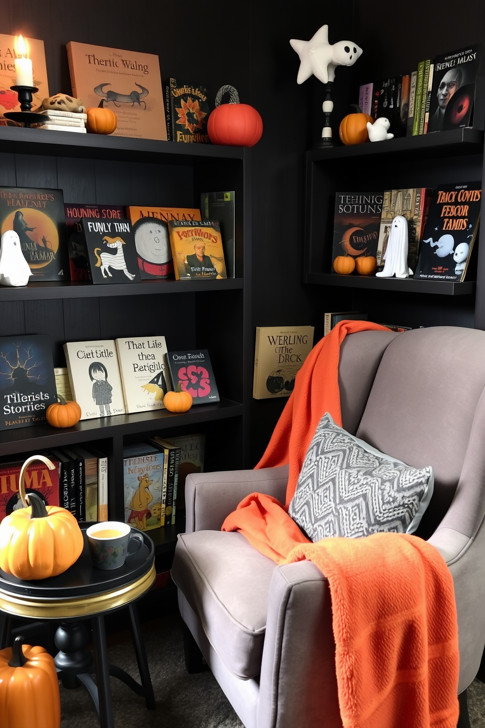 A cozy reading nook is designed for Halloween with a spooky storybook collection displayed prominently. The nook features a plush armchair draped with a soft, orange throw blanket, surrounded by shelves filled with whimsical and eerie tales. Dim lighting casts an inviting glow, while decorative pumpkins and ghostly figurines add to the festive atmosphere. A small side table holds a steaming cup of cider, inviting readers to settle in and enjoy the haunting stories.