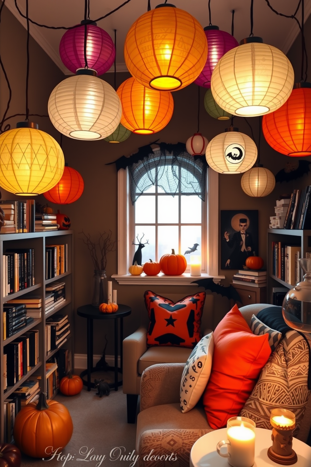 A cozy reading nook adorned with hanging paper lanterns in festive colors creates a whimsical atmosphere. The nook features a plush armchair surrounded by shelves filled with books and soft cushions for comfort. Decorative Halloween elements, such as pumpkins and spooky artwork, enhance the theme. A small side table holds a warm cup of tea and a flickering candle to complete the inviting space.