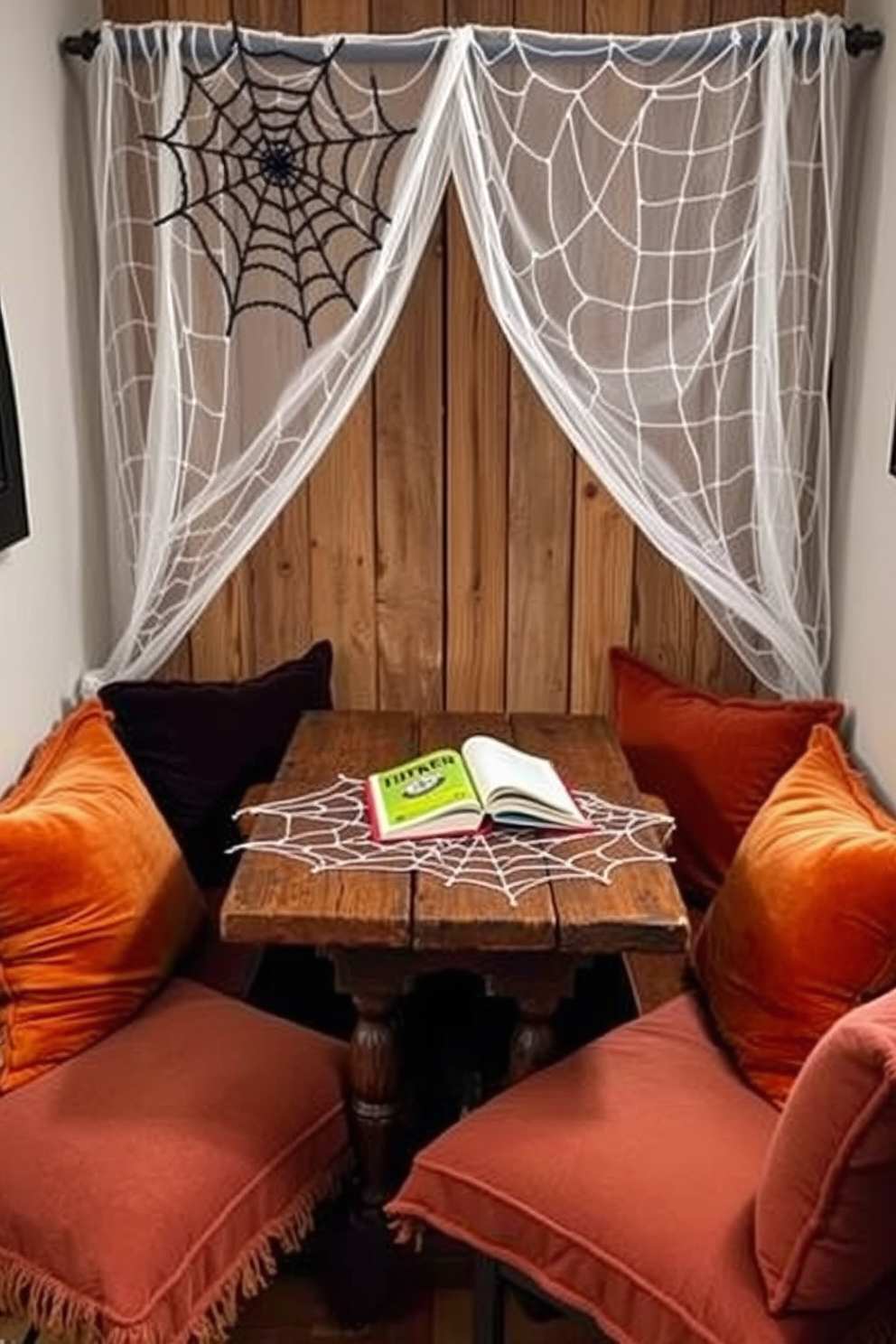 A cozy reading nook adorned with a spider web tablecloth drapes over a rustic wooden table, creating a festive Halloween atmosphere. Surrounding the table are plush cushions in rich autumn colors, inviting you to settle in with a good book.