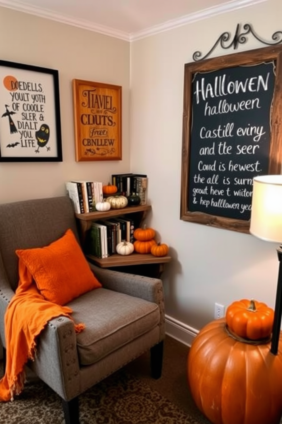 A cozy Halloween reading nook featuring a comfortable armchair draped with a soft orange throw blanket. The walls are adorned with whimsical Halloween-themed artwork and a small chalkboard displaying festive quotes. A rustic wooden shelf holds an assortment of spooky books and decorative pumpkins. Soft lighting from a nearby lamp creates an inviting atmosphere, perfect for enjoying seasonal stories.