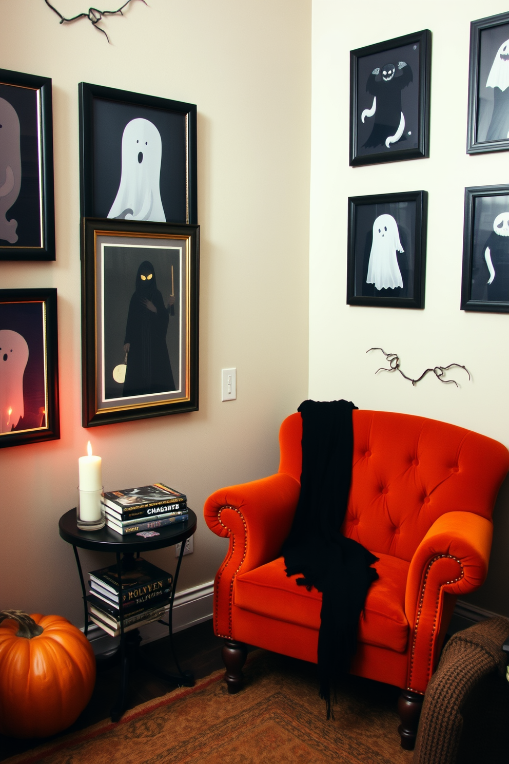 A cozy reading nook decorated for Halloween features ghostly artwork framed on the walls. A plush armchair in deep orange sits in the corner, accompanied by a small side table holding a stack of spooky novels and a flickering candle.