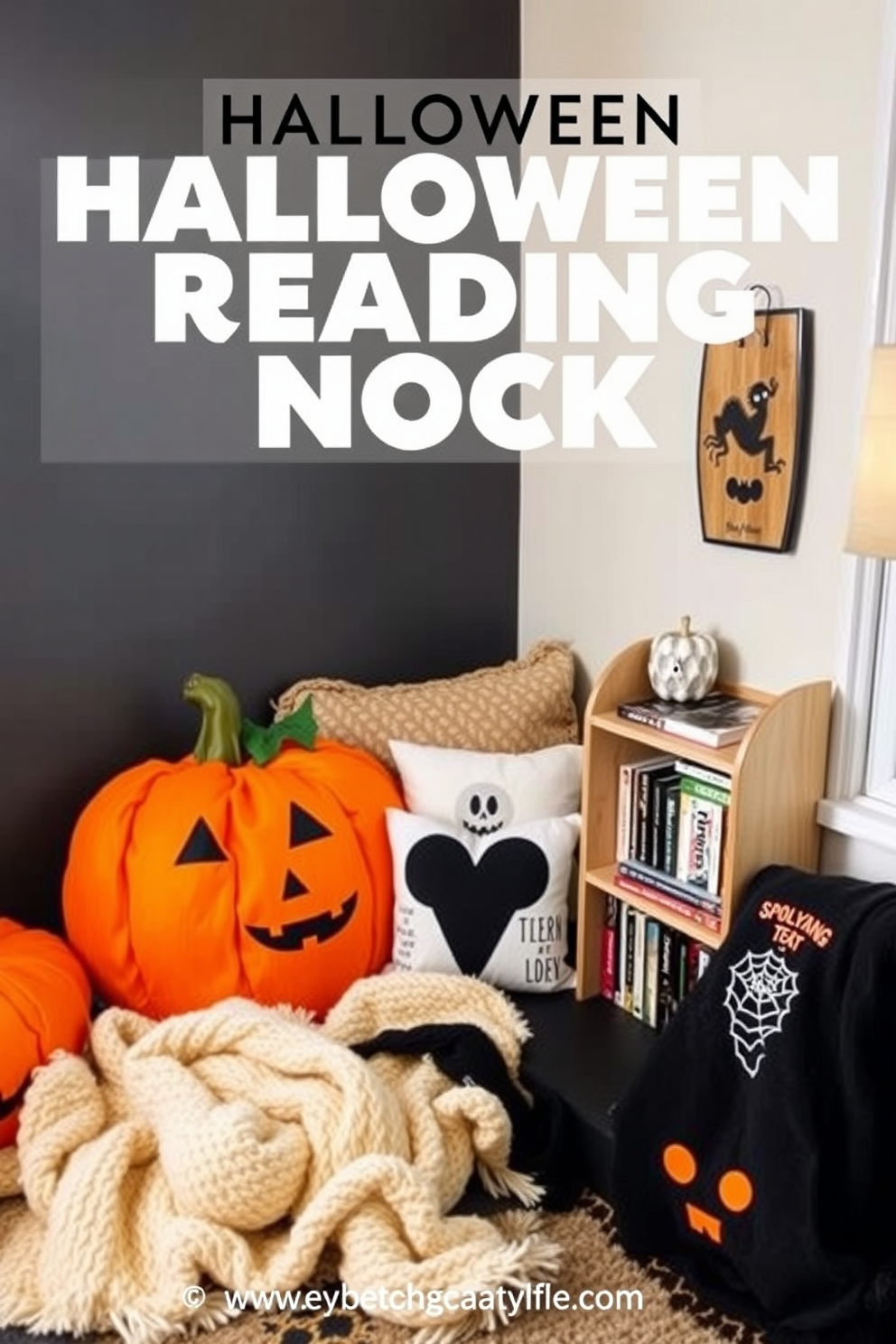 Create a cozy reading nook for Halloween featuring pumpkin-shaped cushions that invite relaxation. Surround the cushions with warm, soft blankets and a small bookshelf filled with spooky-themed books.