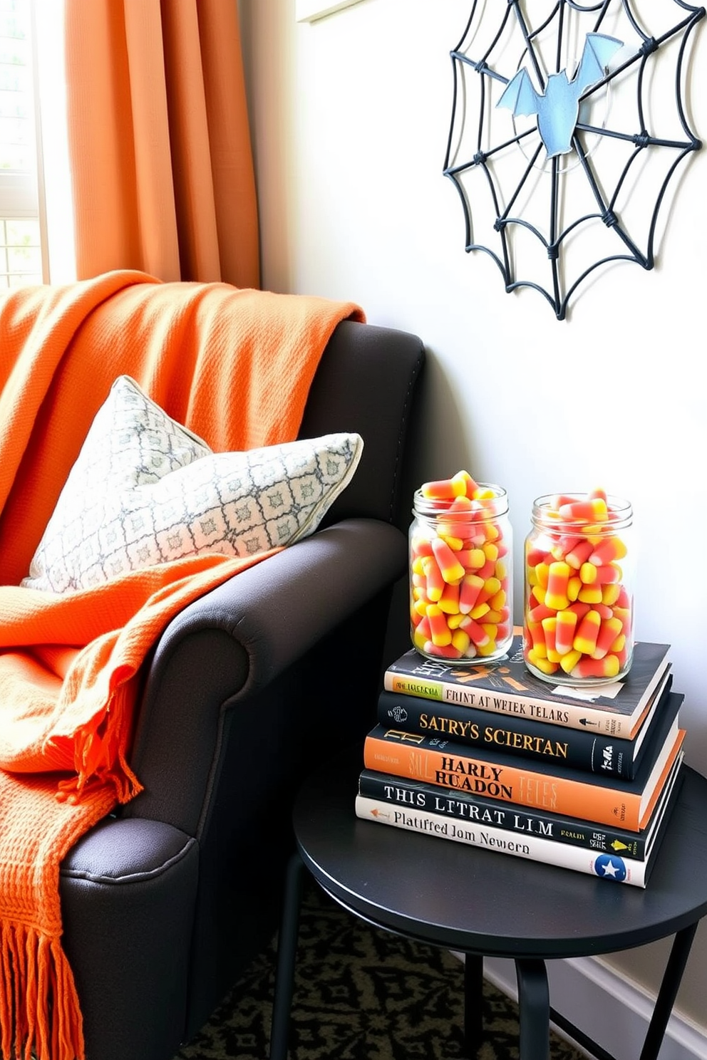 A cozy reading nook decorated for Halloween features a comfortable armchair draped with a soft, orange throw blanket. On a small side table, mason jars filled with vibrant candy corn add a festive touch alongside a stack of spooky-themed books.