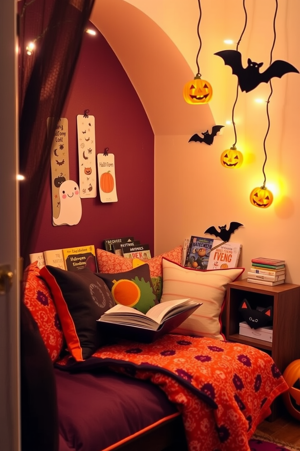 Create a cozy Halloween-themed reading nook for kids. Include whimsical bookmarks featuring friendly ghosts, pumpkins, and playful bats to inspire young readers. Incorporate soft, colorful cushions and a small bookshelf filled with spooky yet fun children's books. Hang string lights shaped like jack-o-lanterns to add a magical touch to the space.