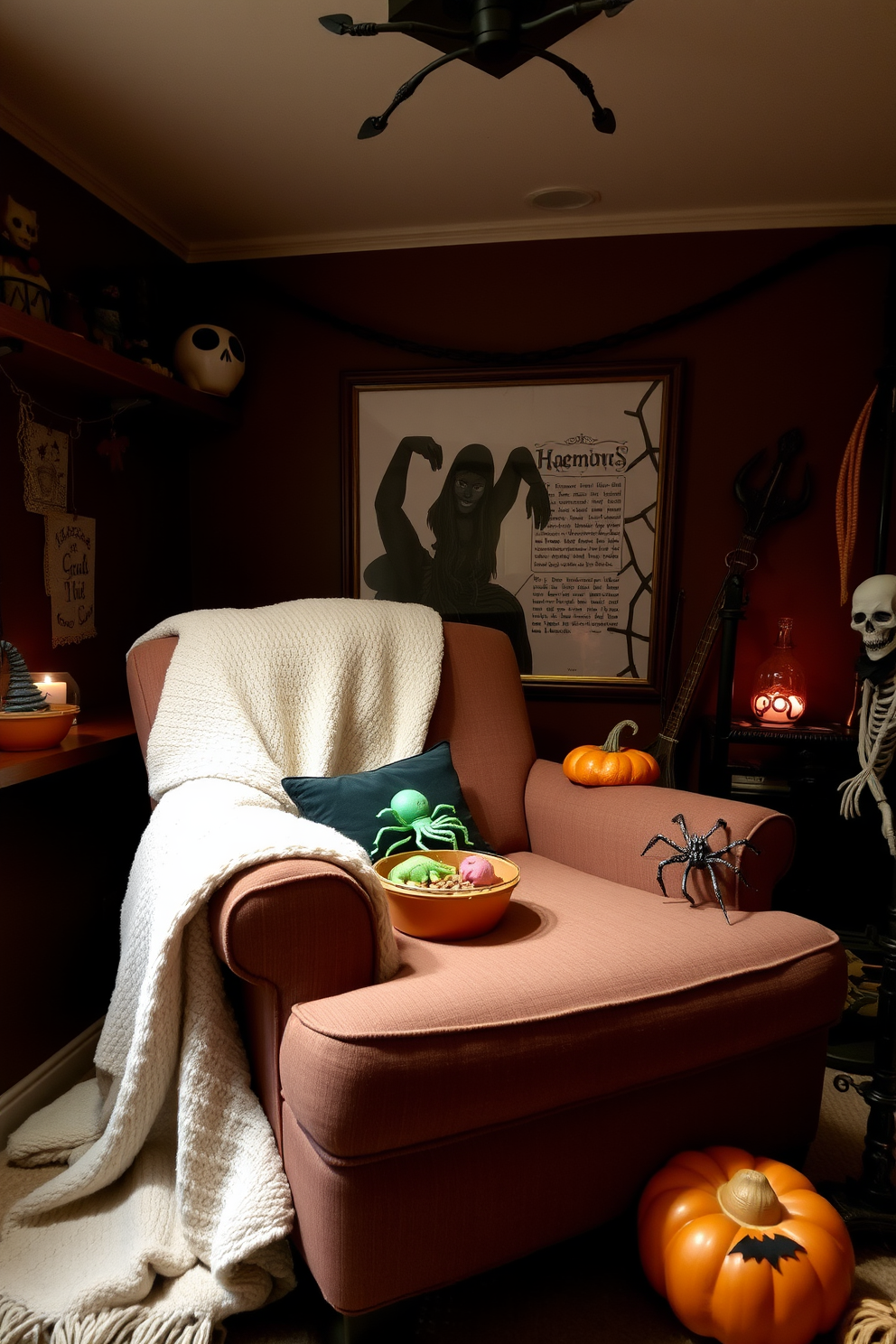 A cozy reading nook adorned with creepy crawly toys placed in decorative bowls. The space features a plush armchair draped with a soft blanket, surrounded by dim lighting and Halloween-themed decor.