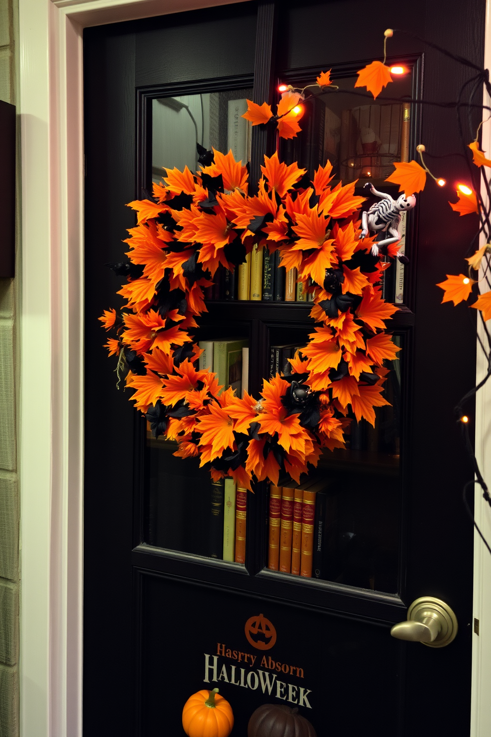 A cozy reading nook adorned for Halloween. The door features a vibrant seasonal wreath made of orange and black leaves, accented with miniature pumpkins and spooky decorations.