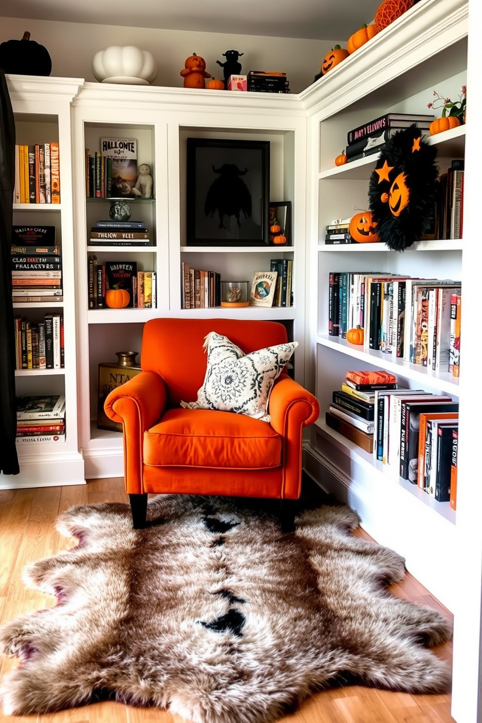 A cozy reading nook adorned with a faux fur rug that adds warmth and texture to the space. The nook features a plush armchair in a deep orange hue, surrounded by shelves filled with Halloween-themed books and decorations.