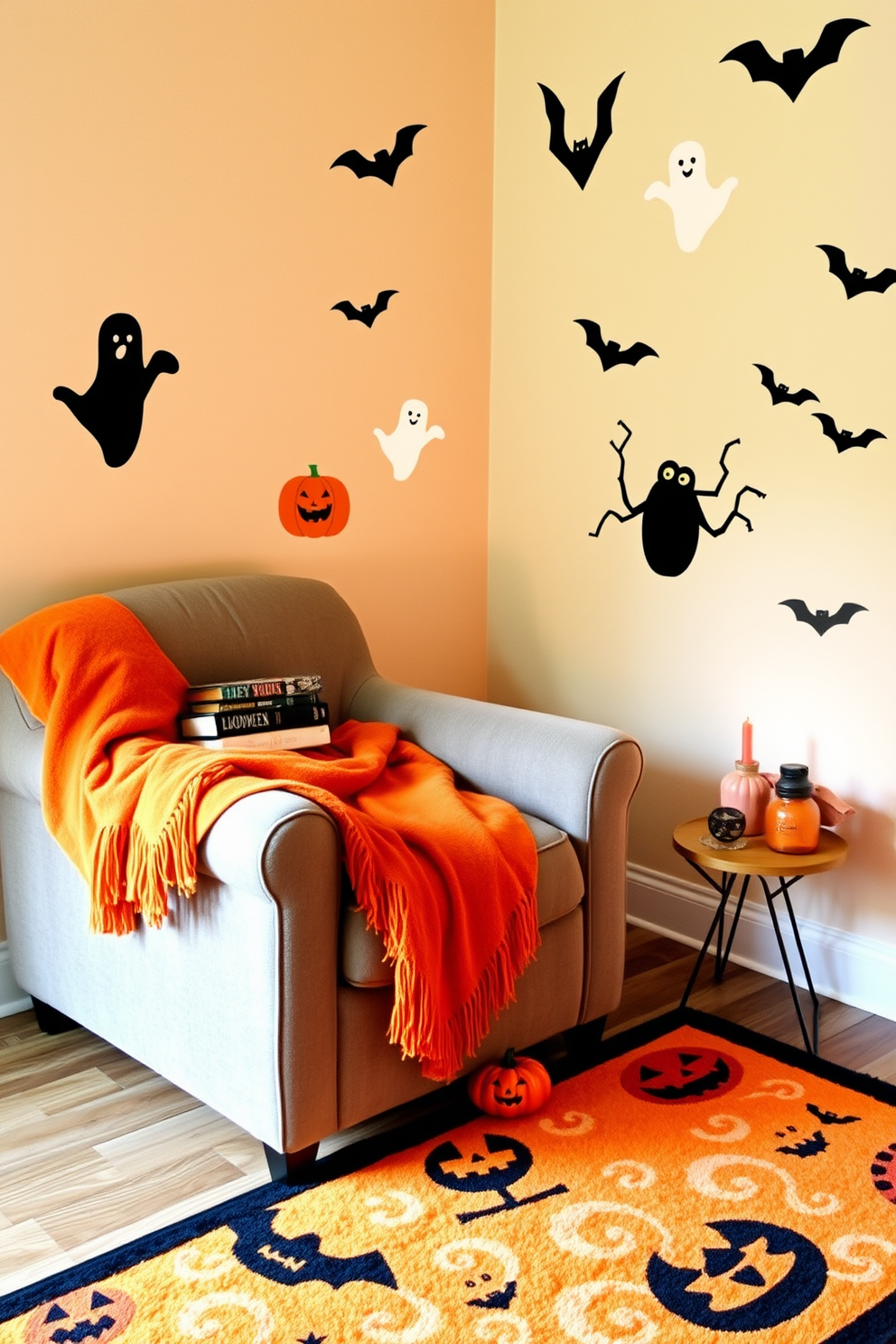 A cozy reading nook decorated for Halloween features a plush armchair draped with a soft orange throw blanket. The walls are adorned with playful wall decals of ghosts, pumpkins, and bats, creating a festive atmosphere. A small side table holds a stack of spooky-themed books and a flickering candle, adding to the ambiance. A vibrant Halloween-themed rug anchors the space, inviting you to curl up and enjoy a good read.