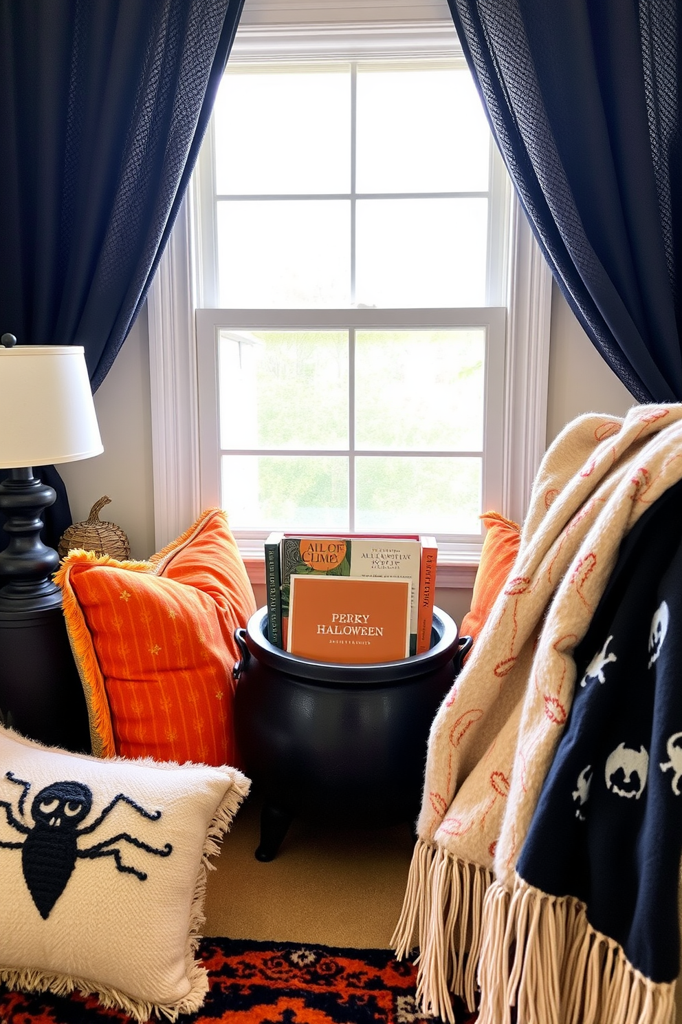 A cozy Halloween reading nook featuring a vintage cauldron repurposed as a unique book holder. Surround the cauldron with plush cushions in deep orange and black tones, and drape soft, spooky-themed throws over a comfortable armchair.