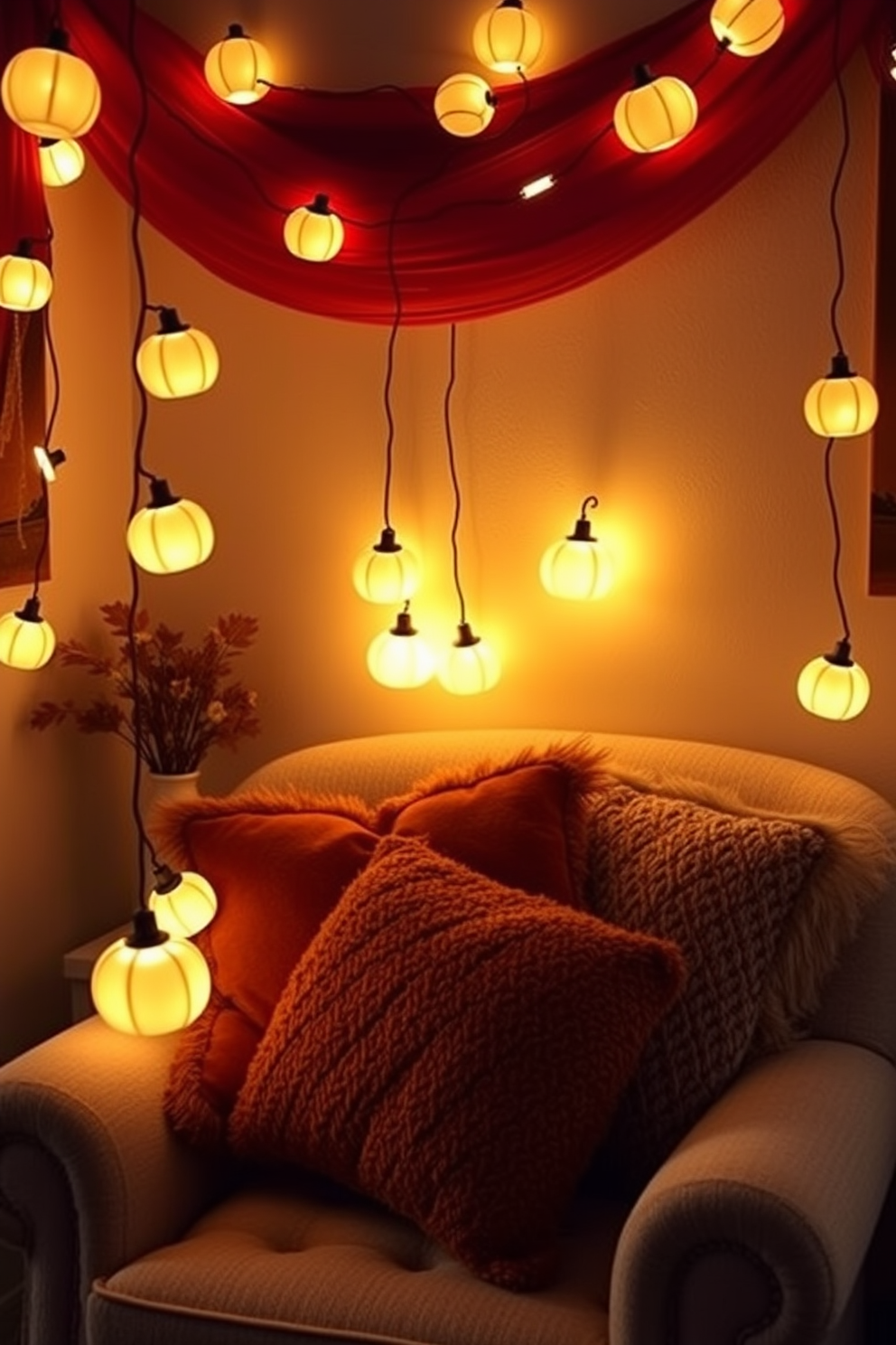 Luminous pumpkin lights are delicately strung around a cozy reading nook, casting a warm and inviting glow. Plush cushions in autumnal hues are scattered across a comfortable armchair, creating a perfect spot for curling up with a good book.