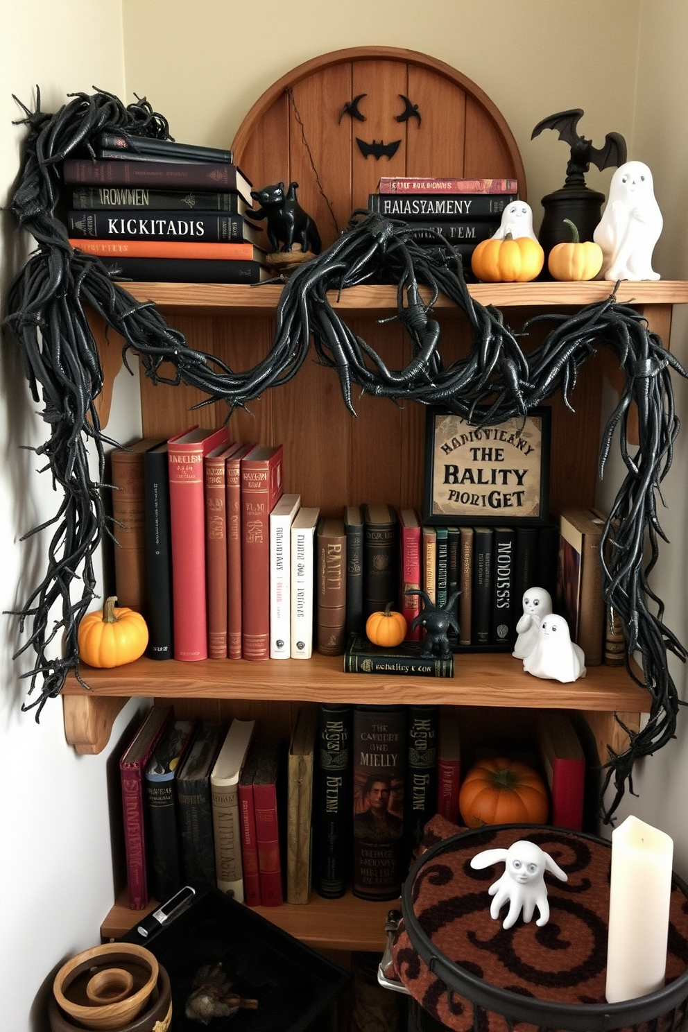 A cozy reading nook adorned with a creepy crawly garland draped across rustic wooden shelves. The shelves are filled with an assortment of spooky books and decorative elements like small pumpkins and ghostly figurines.