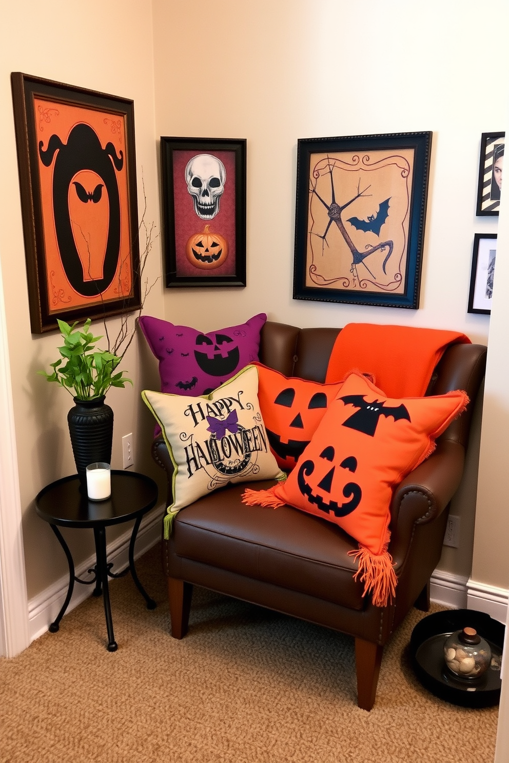 A cozy reading nook adorned with colorful Halloween-themed throw pillows in shades of orange, purple, and black. The nook features a comfortable armchair, a small side table with a candle, and a backdrop of spooky wall art to enhance the festive atmosphere.