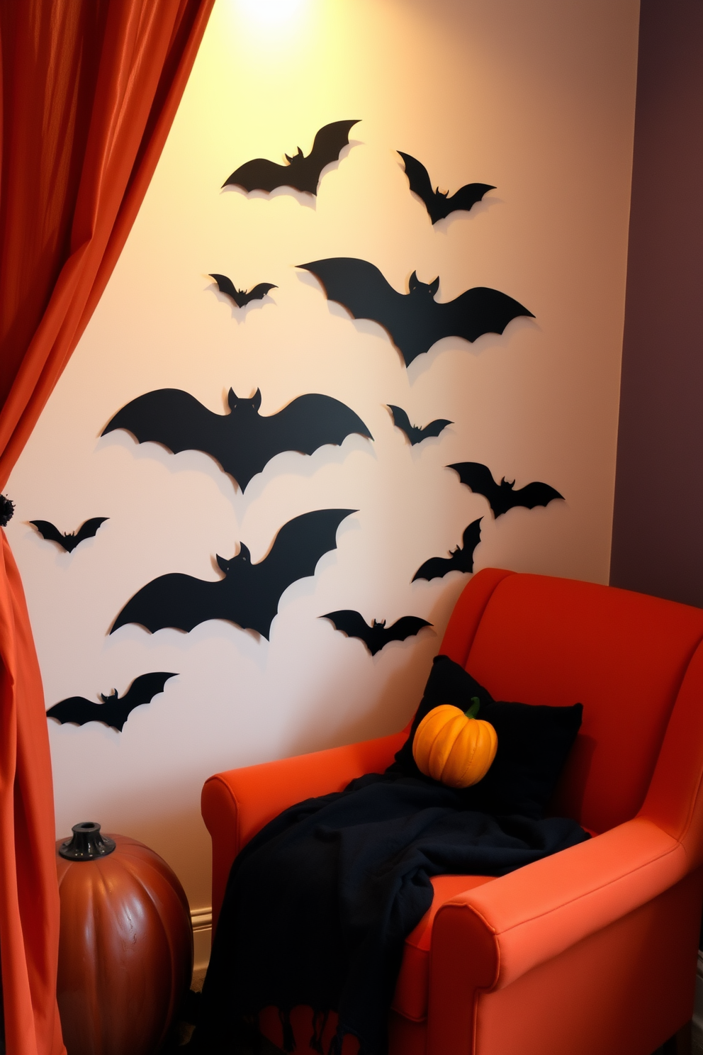 A cozy reading nook designed for Halloween features bat silhouettes artistically arranged on the wall. The nook includes a plush armchair in deep orange fabric, accented with a black throw blanket and a small pumpkin-shaped pillow.