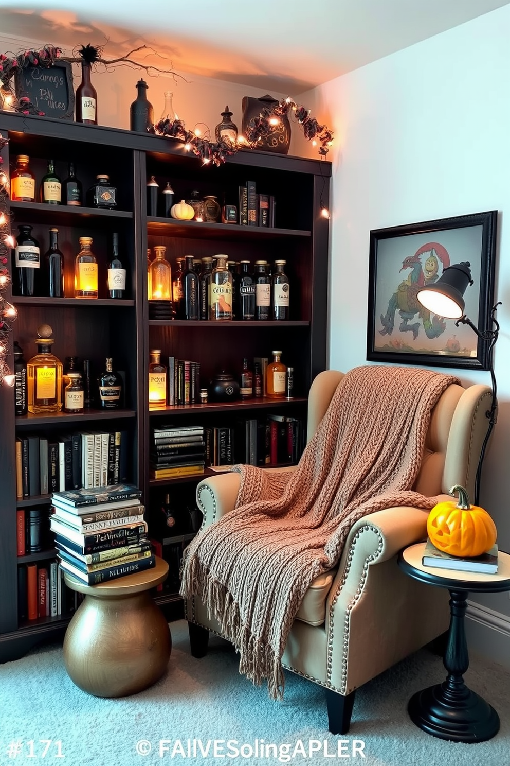 A cozy reading nook adorned for Halloween. The bookshelf is filled with potion bottle decor in various shapes and sizes, creating a whimsical atmosphere. Soft lighting casts a warm glow over a plush armchair draped with a knitted blanket. A small side table holds a stack of spooky-themed books and a carved pumpkin for added charm.