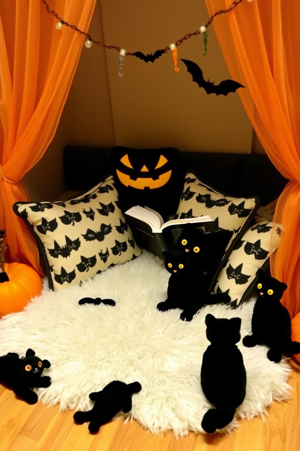 Create a cozy Halloween reading nook featuring soft cushions and a plush rug. Add black cat plush toys scattered throughout to enhance the charm and festive spirit.