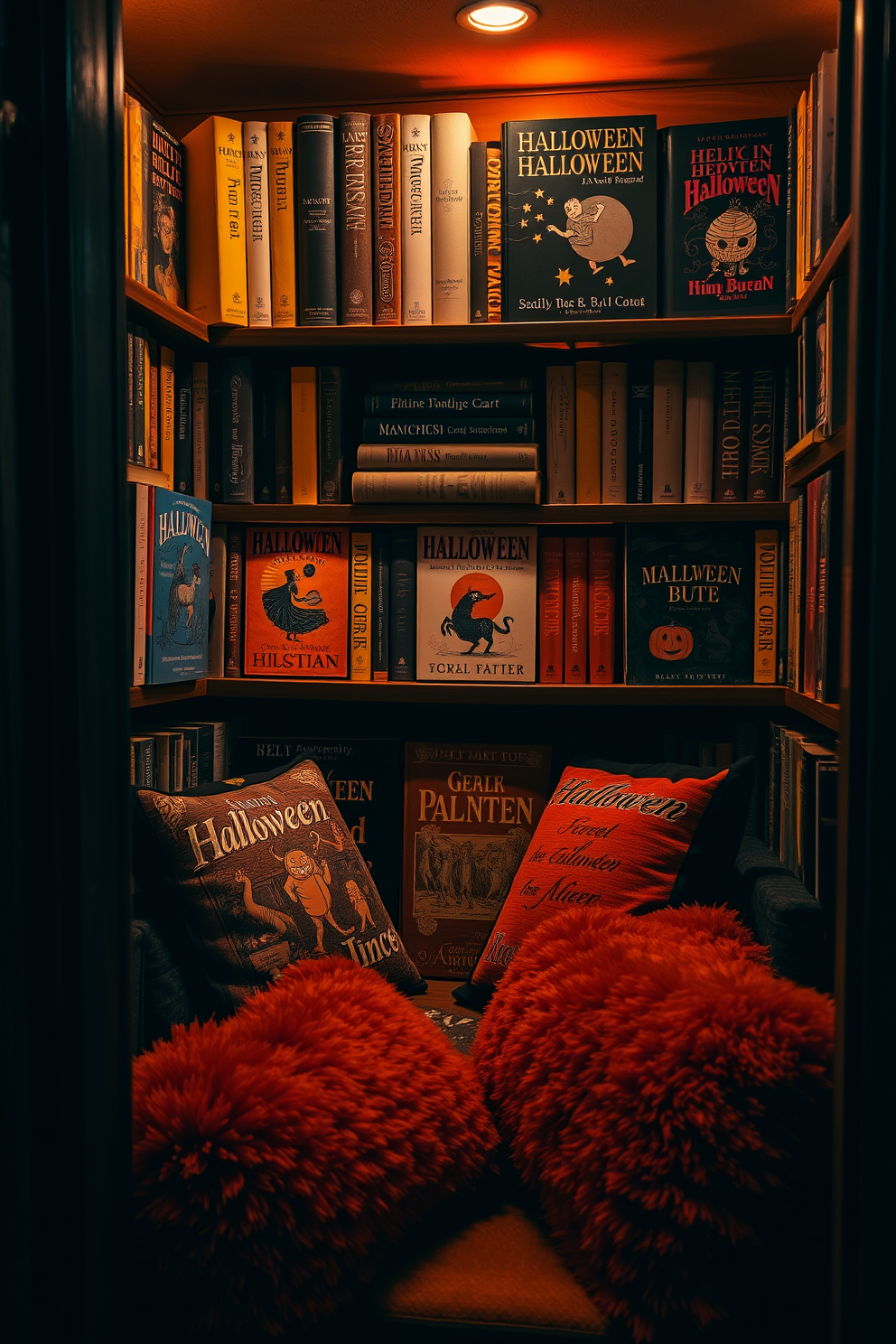 A cozy reading nook adorned with vintage books featuring whimsical Halloween covers. The nook is surrounded by warm, ambient lighting and plush cushions in deep orange and black tones.