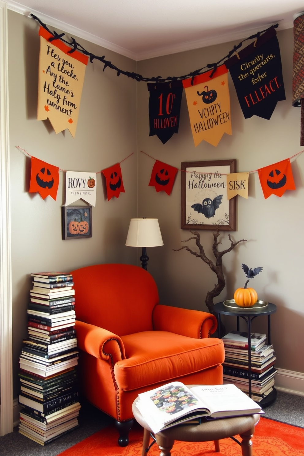 A cozy reading nook decorated for Halloween features felt banners with whimsical Halloween sayings hanging from the ceiling. A plush armchair in deep orange sits in the corner, surrounded by stacks of seasonal books and a small side table adorned with a pumpkin centerpiece.