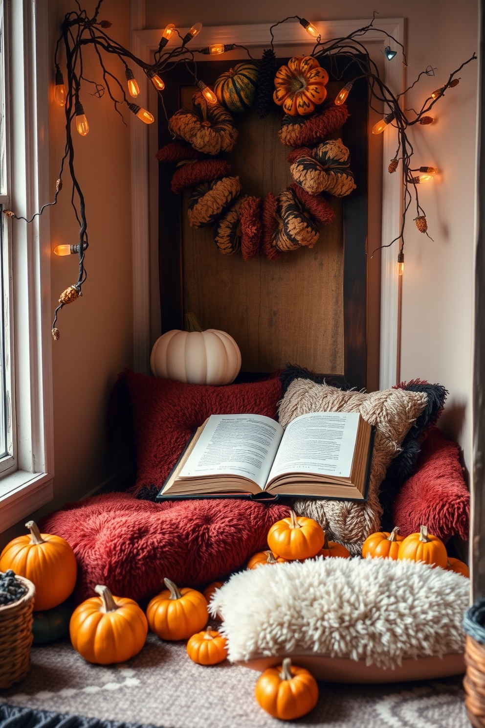 A cozy reading nook adorned for Halloween features miniature pumpkins scattered throughout. Plush cushions in autumn colors create a warm and inviting atmosphere for enjoying a good book.