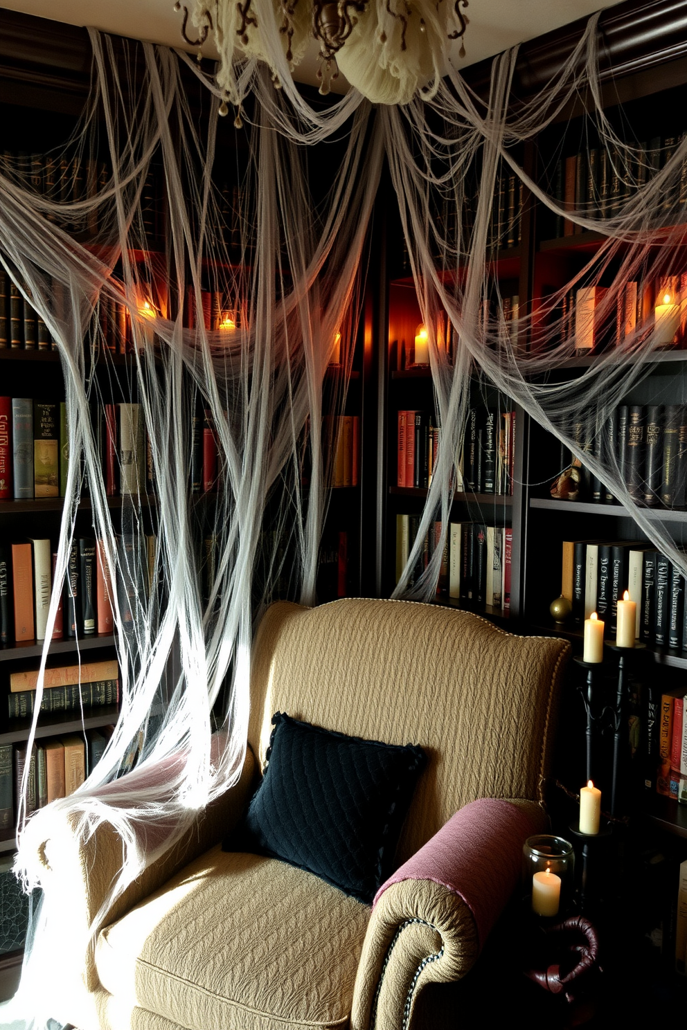 A cozy reading nook adorned with creepy cobwebs draped over dark wooden bookshelves. Flickering candles cast eerie shadows, and a plush armchair is nestled in the corner surrounded by spooky decorations.