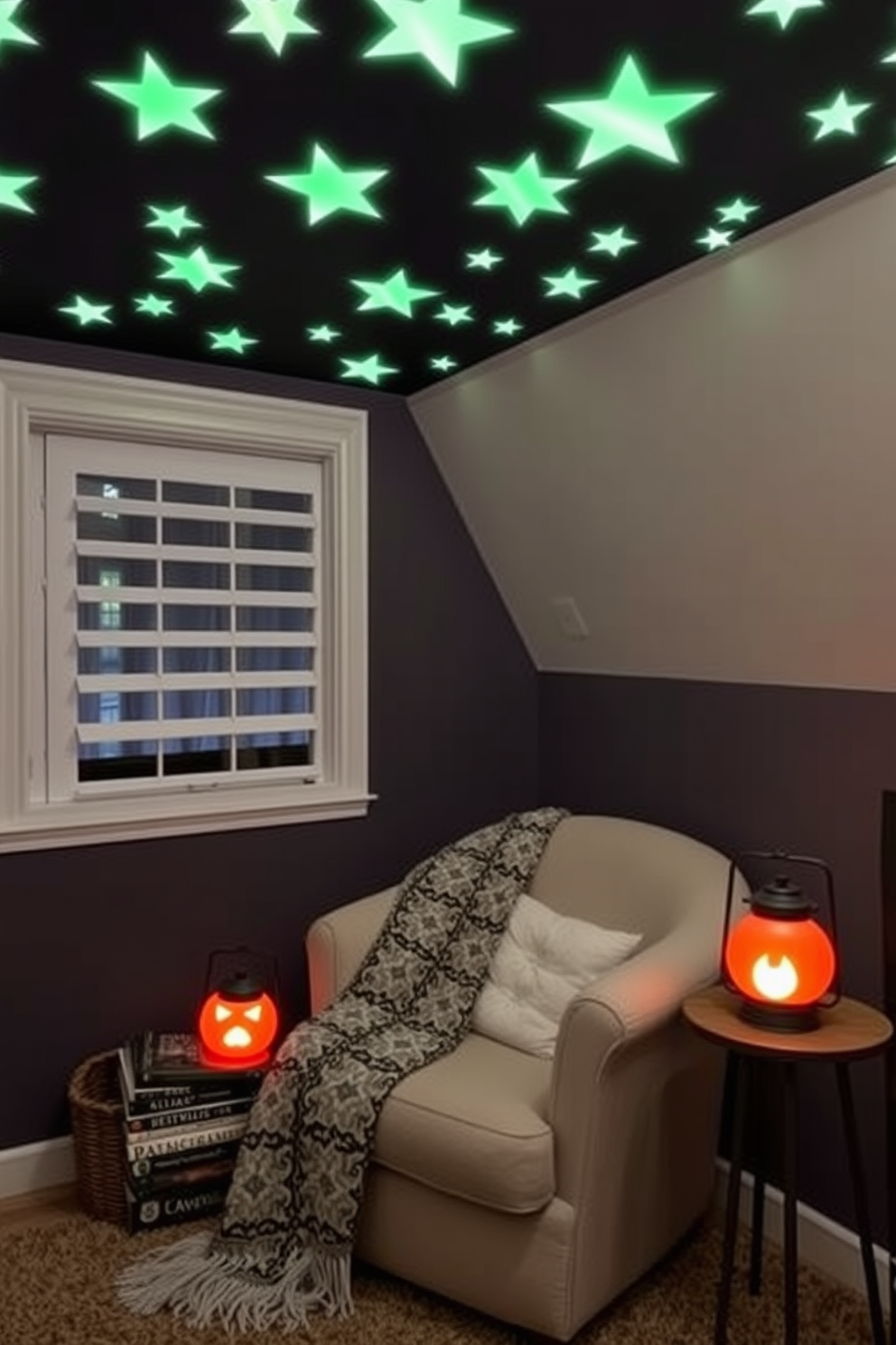 A cozy reading nook designed for Halloween. The ceiling is adorned with glow-in-the-dark stars, creating a magical atmosphere at night. A plush armchair is positioned in the corner, draped with a soft, patterned throw blanket. A small side table holds a stack of spooky-themed books and a glowing pumpkin lantern.