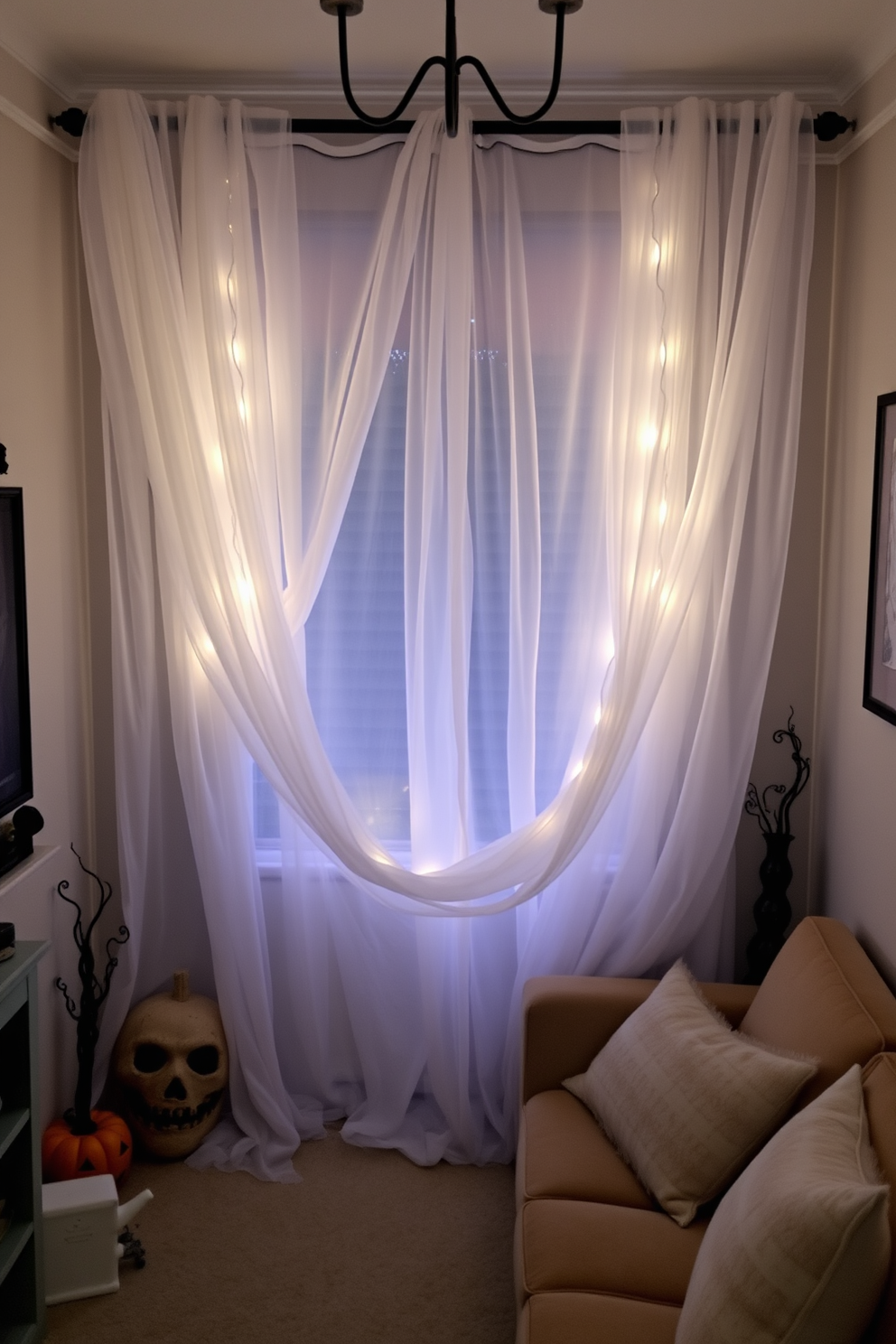 A small living room adorned with ghostly white curtains that billow gently in the breeze, creating an ethereal atmosphere. The space features a cozy seating arrangement with plush cushions, surrounded by subtle Halloween decorations that add a whimsical touch without overwhelming the serene vibe.