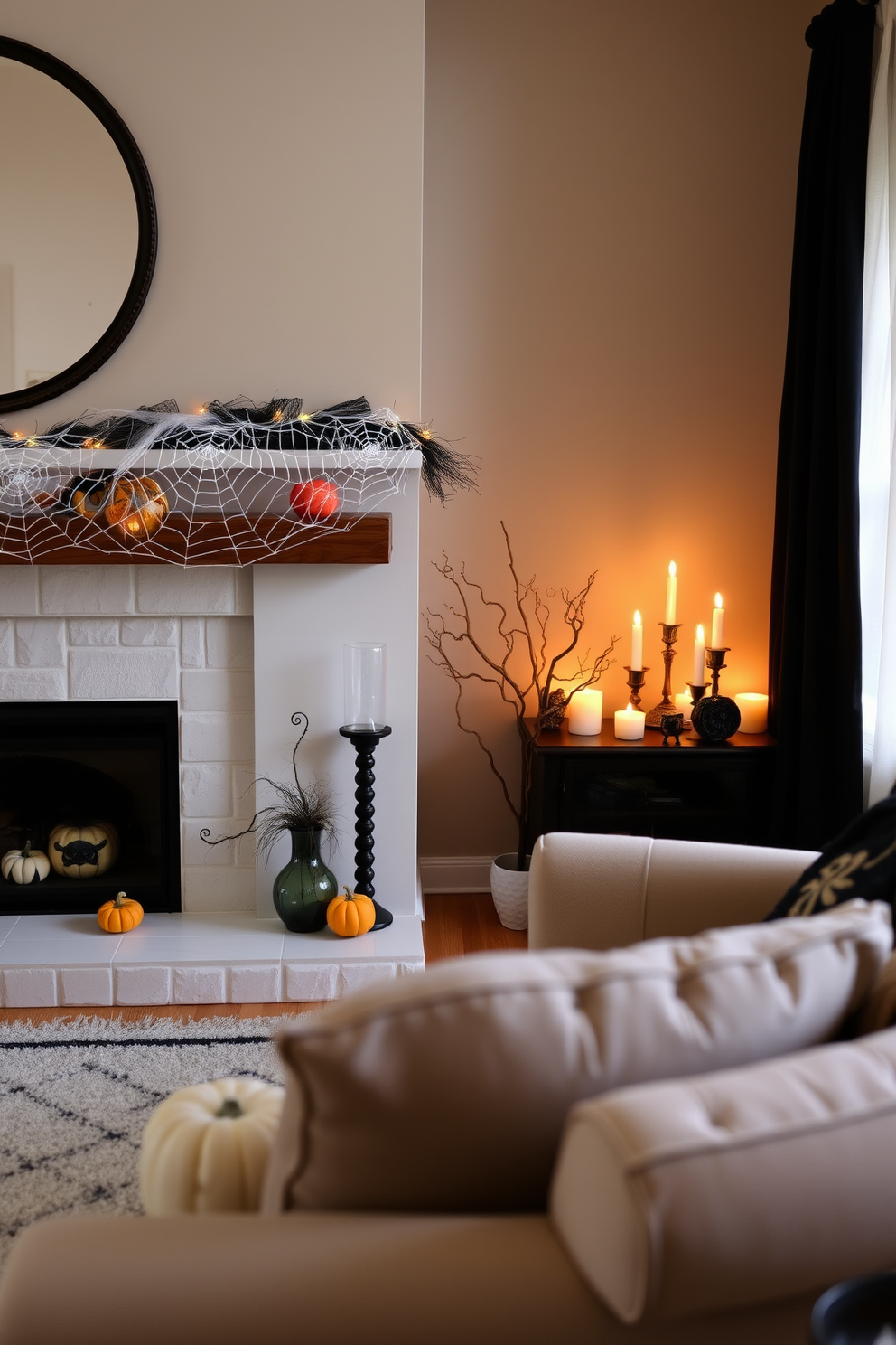 A cozy living room adorned for Halloween features a spiderweb garland elegantly draped across the mantel. The space is filled with small decorative accents like pumpkins and flickering candles to create a festive atmosphere.