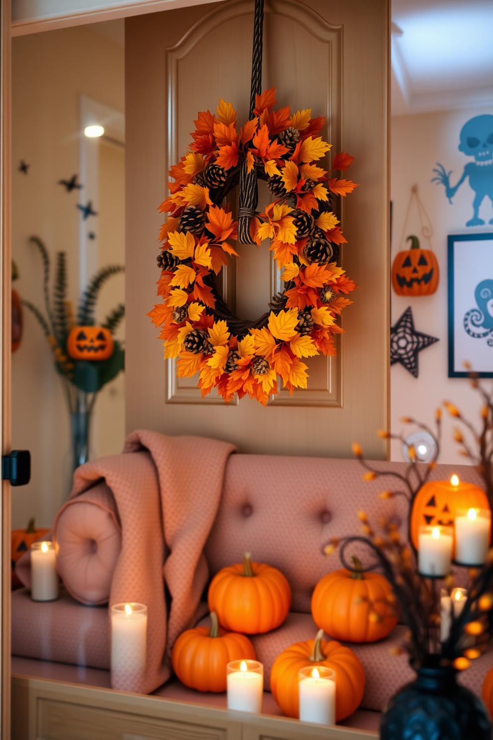 Charming autumn wreath on front door. The wreath is adorned with vibrant orange and yellow leaves, pinecones, and small pumpkins, creating a warm welcome. Cozy small living room decorated for Halloween. The space features a plush sofa draped with a soft throw, surrounded by flickering candlelight and playful decorations like carved pumpkins and spooky wall art.