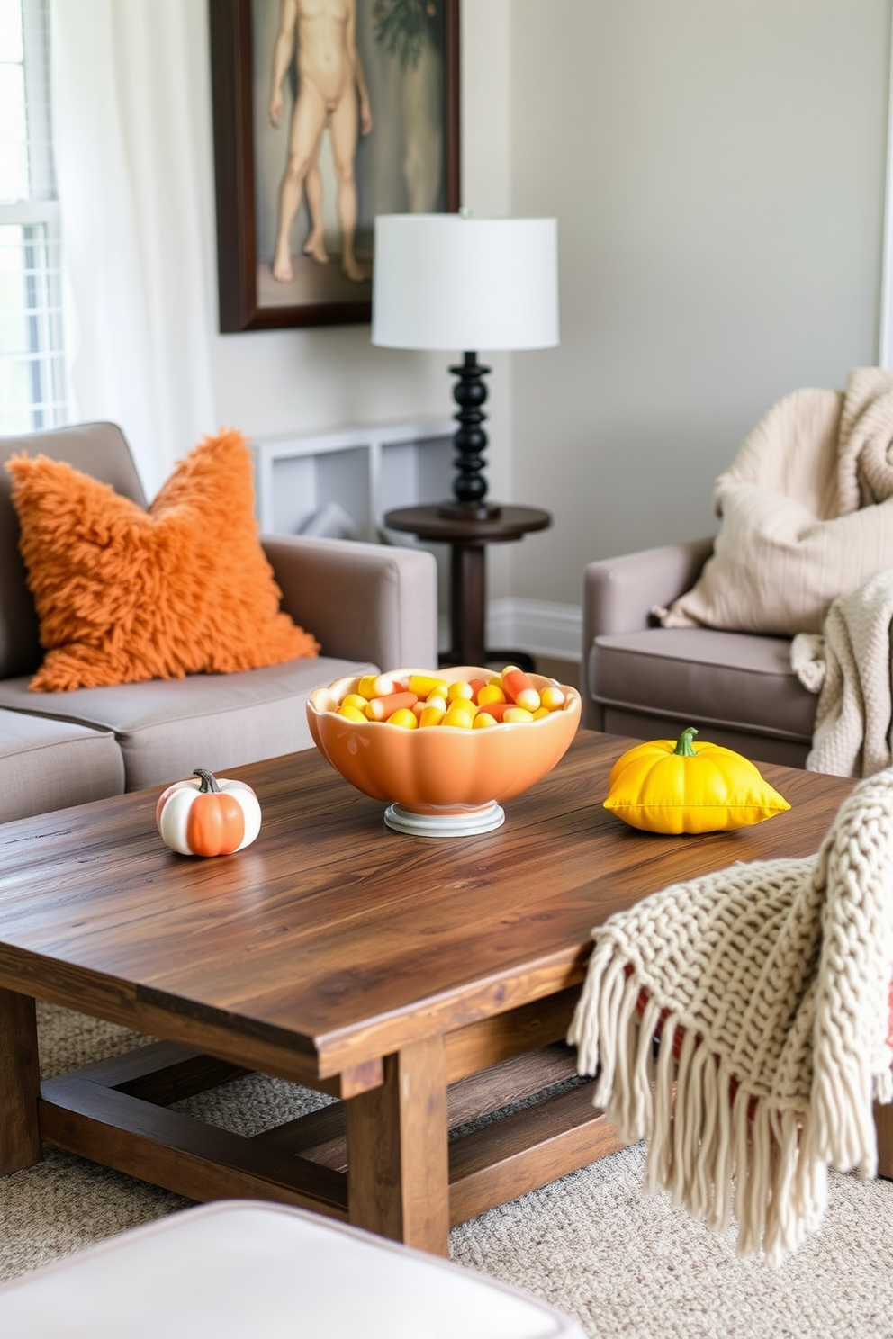 A vibrant candy corn centerpiece bowl sits on a rustic wooden coffee table in a cozy small living room. Surrounding the bowl are plush throw pillows in autumn hues and a soft knitted blanket draped over a stylish armchair.